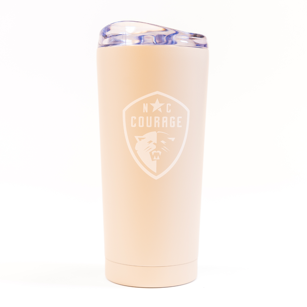 Cream-colored tumbler with the North Carolina Courage logo centered on a white background