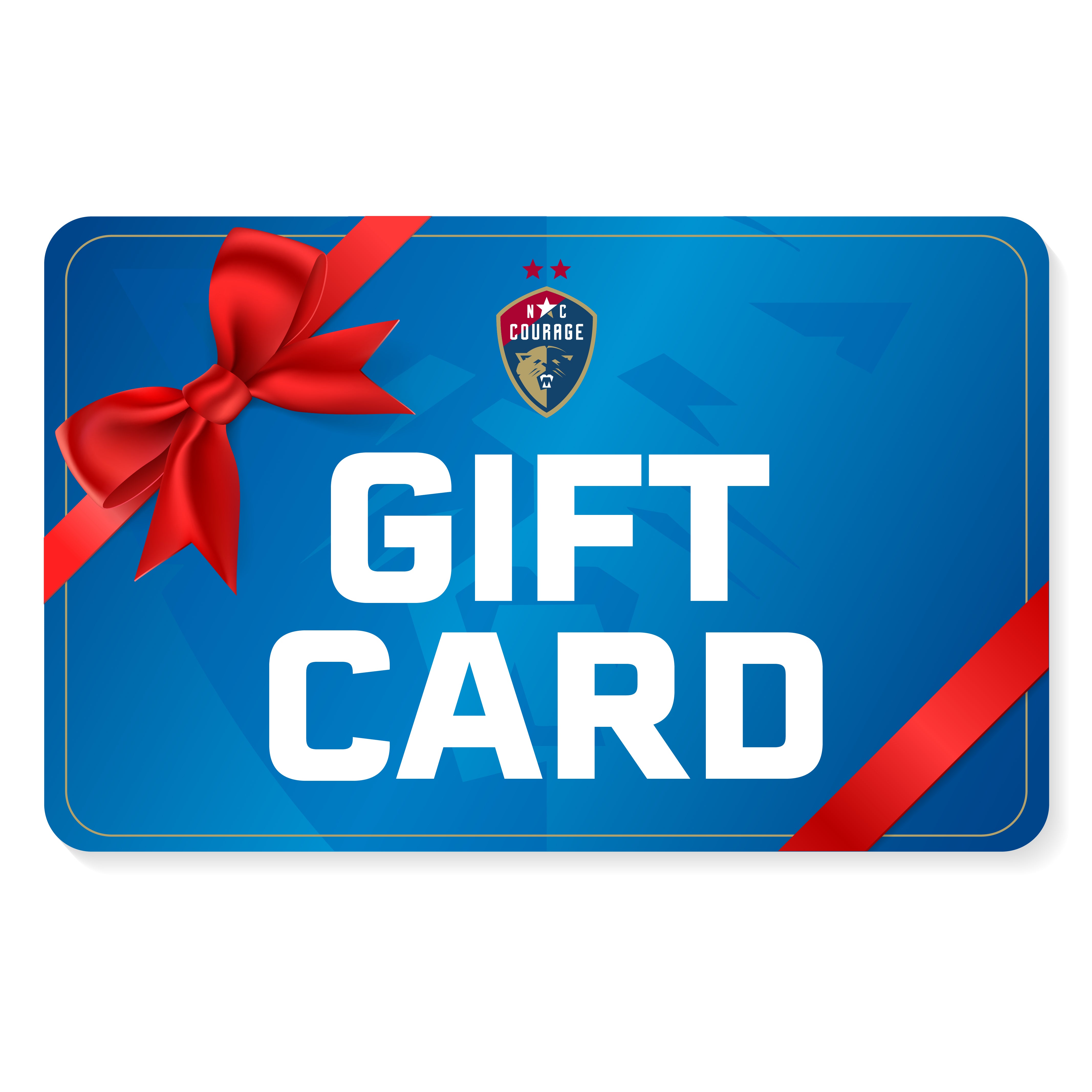 Gift card with a red bow and 'Courage' logo on a blue background