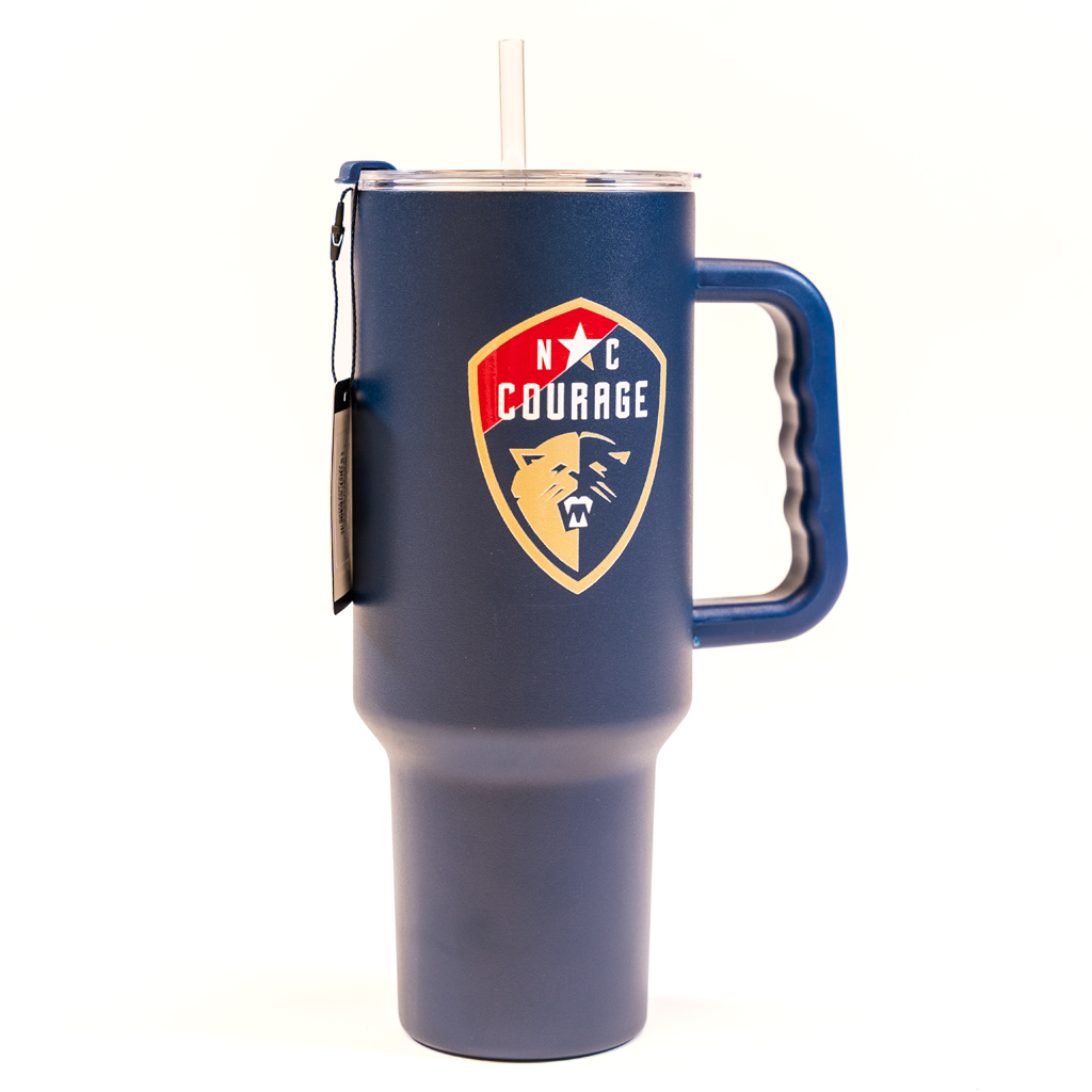 Blue tumbler with the North Carolina Courage logo on a white background