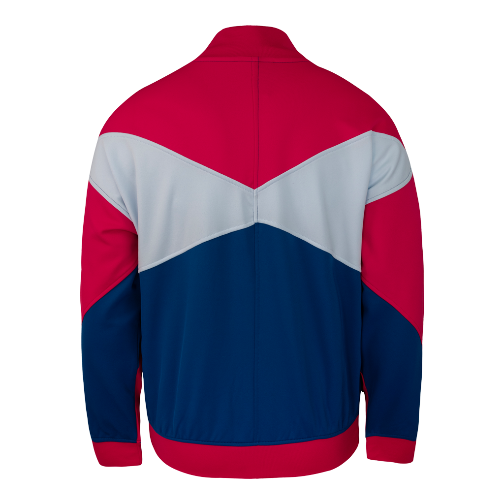 Back of the color-blocked jacket with red, blue, and white panels.