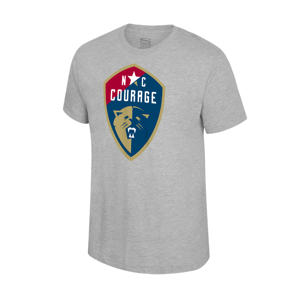 A gray t-shirt featuring the NC Courage logo on the front.