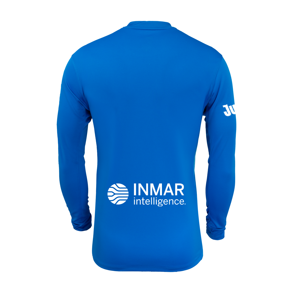 Back of 2025 blue goalie jersey with Inmar logo on the bottom.