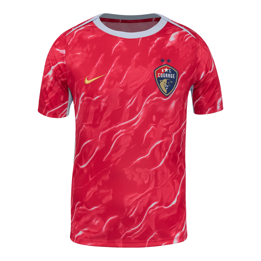 Regular fit pink Nike pre-match jersey featuring the NC Courage crest and a pink patterned design.