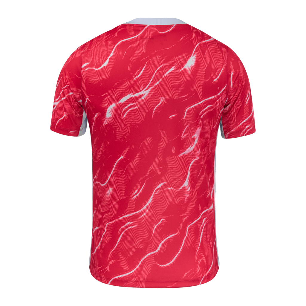 Back of regular fit pink Nike pre-match jersey featuring the NC Courage crest and a pink patterned design.