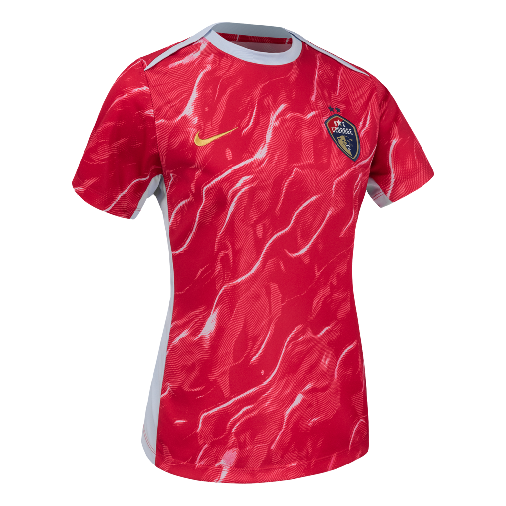 Narrow fit pink Nike pre-match jersey featuring the NC Courage crest and a pink patterned design.