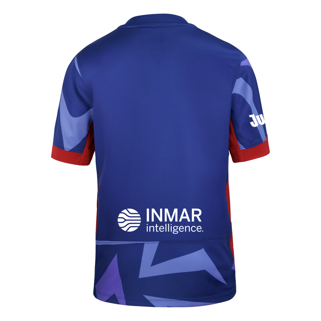 Back of the 2025 Blue "The Belong" youth fit Kit with blue triangle designs and Inmar sponsor logo.