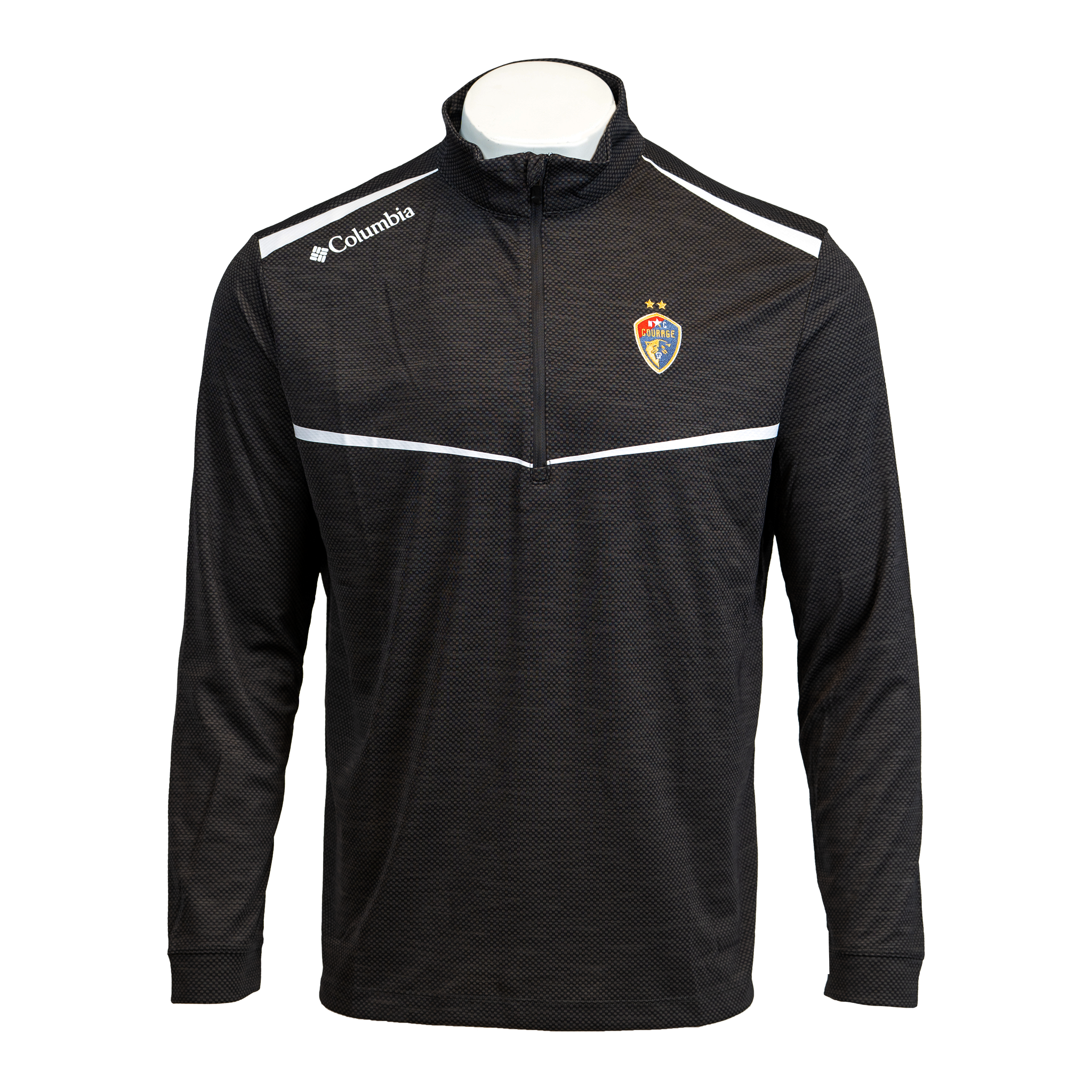 A black long-sleeved pullover with a white stripe and a logo on the chest, featuring a mock neckline and Columbia branding on the sleeve.
