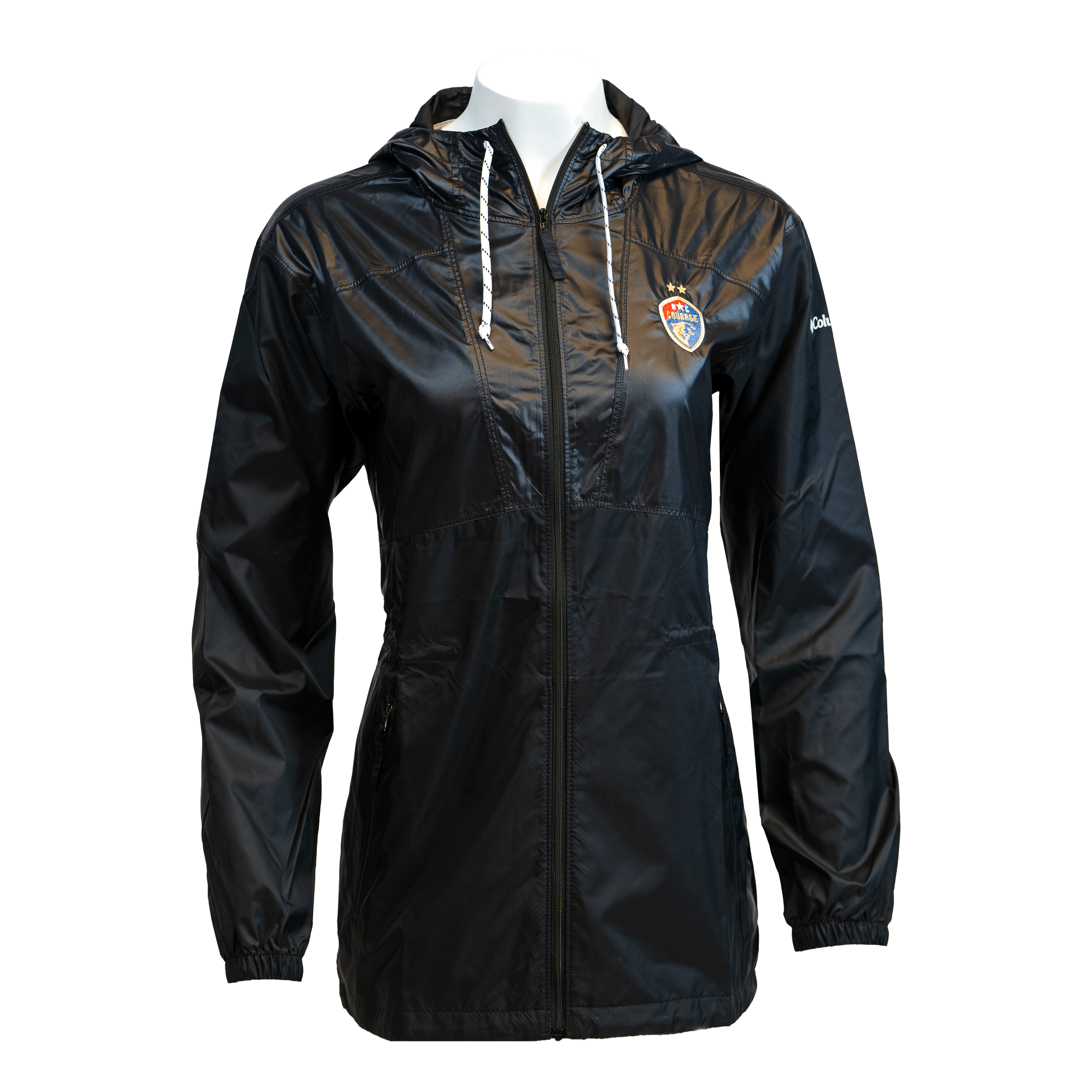 A black long full zip windbreaker with a hood, featuring a logo on the left side, displayed on a mannequin.