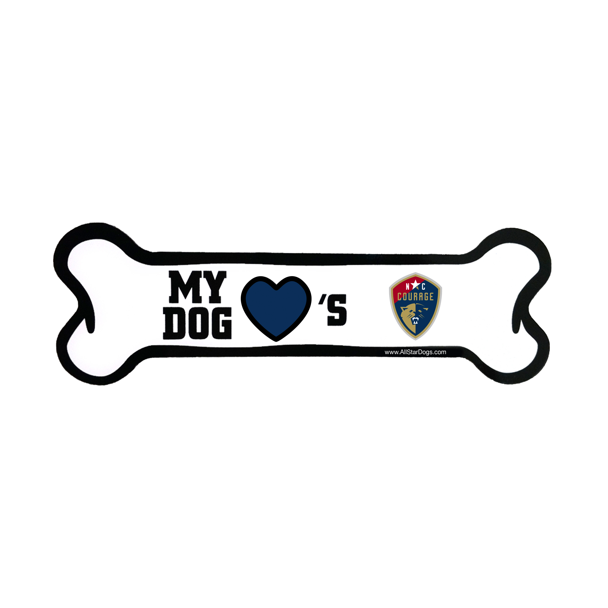 A bone-shaped car magnet with text 'MY DOG ♥'s and the NC Courage logo.