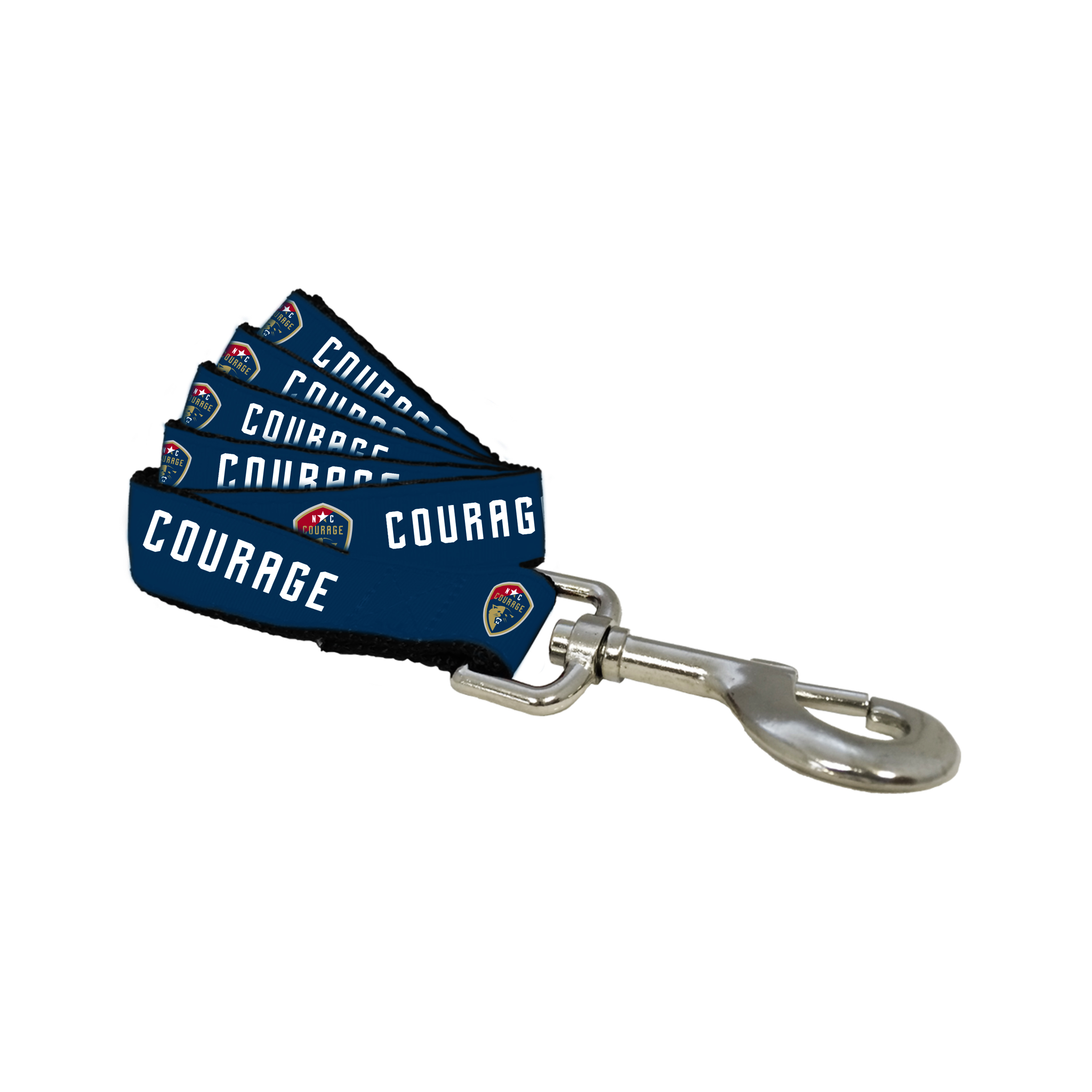 A navy dog leash with the Courage written across it and its logo.