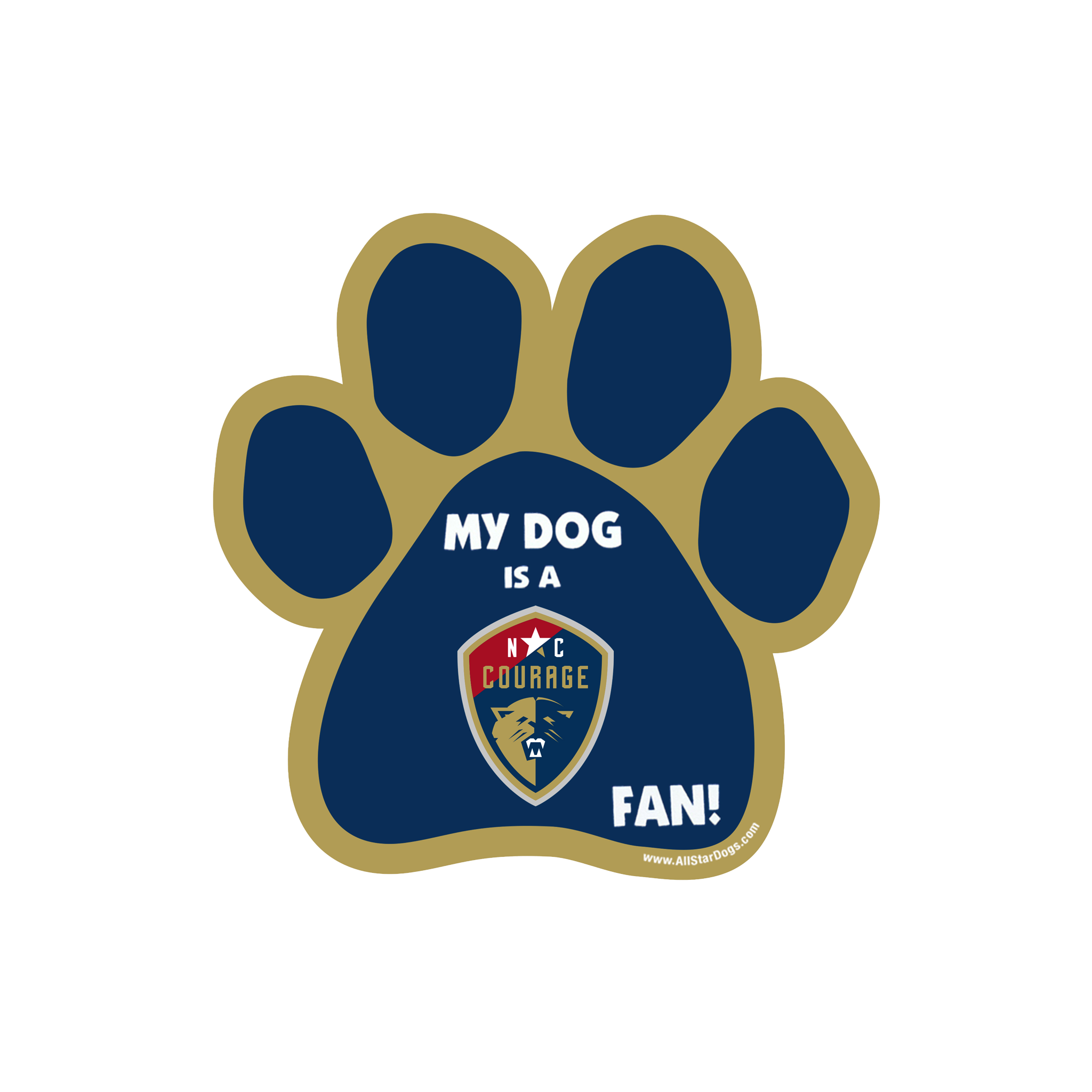 A magnet in the shape of a dog paw with the text 'MY DOG IS A COURAGE FAN!' and the NC Courage logo.