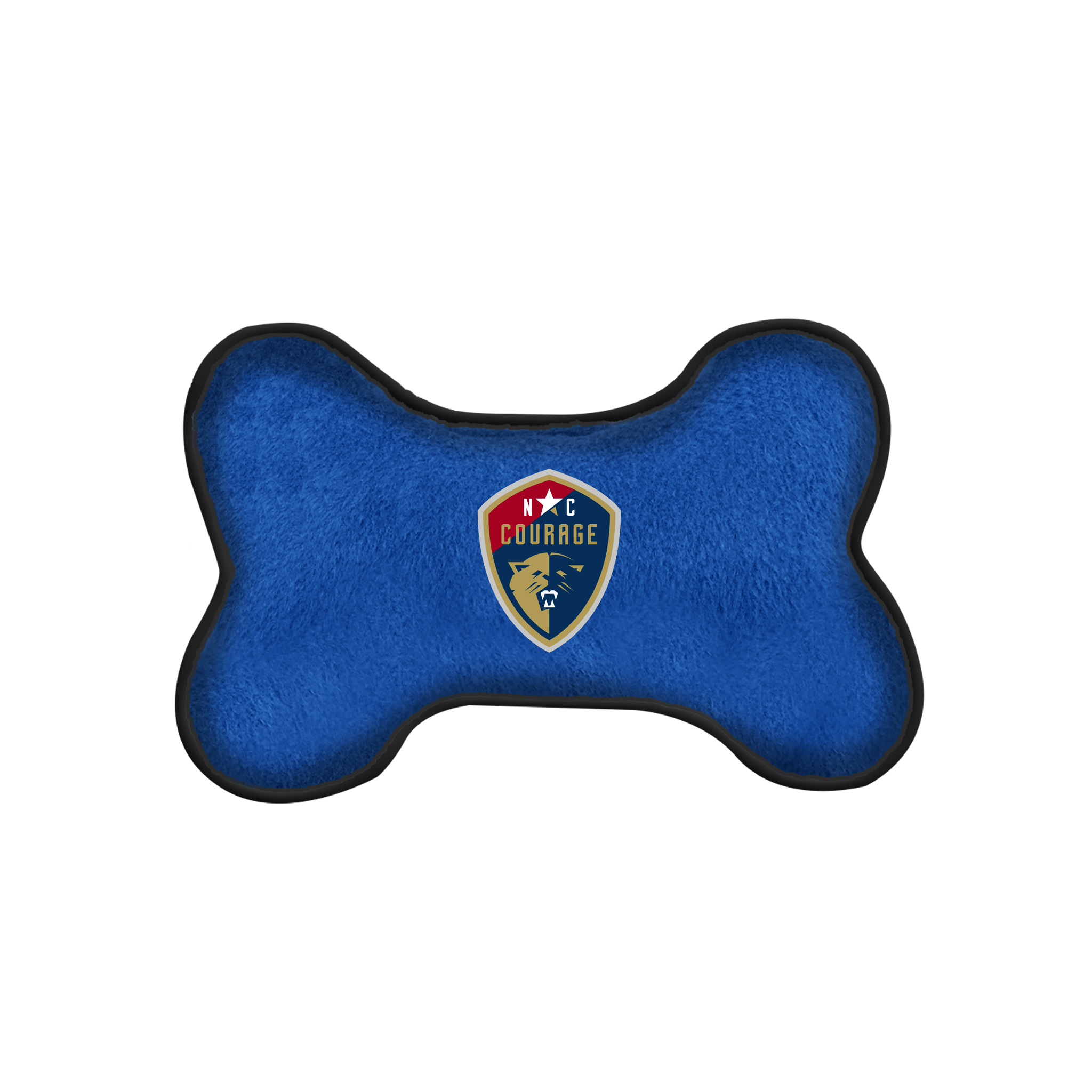 A blue fleece lined squeaker dog toy in the shape of a bone with the NC Courage logo printed in the center.
