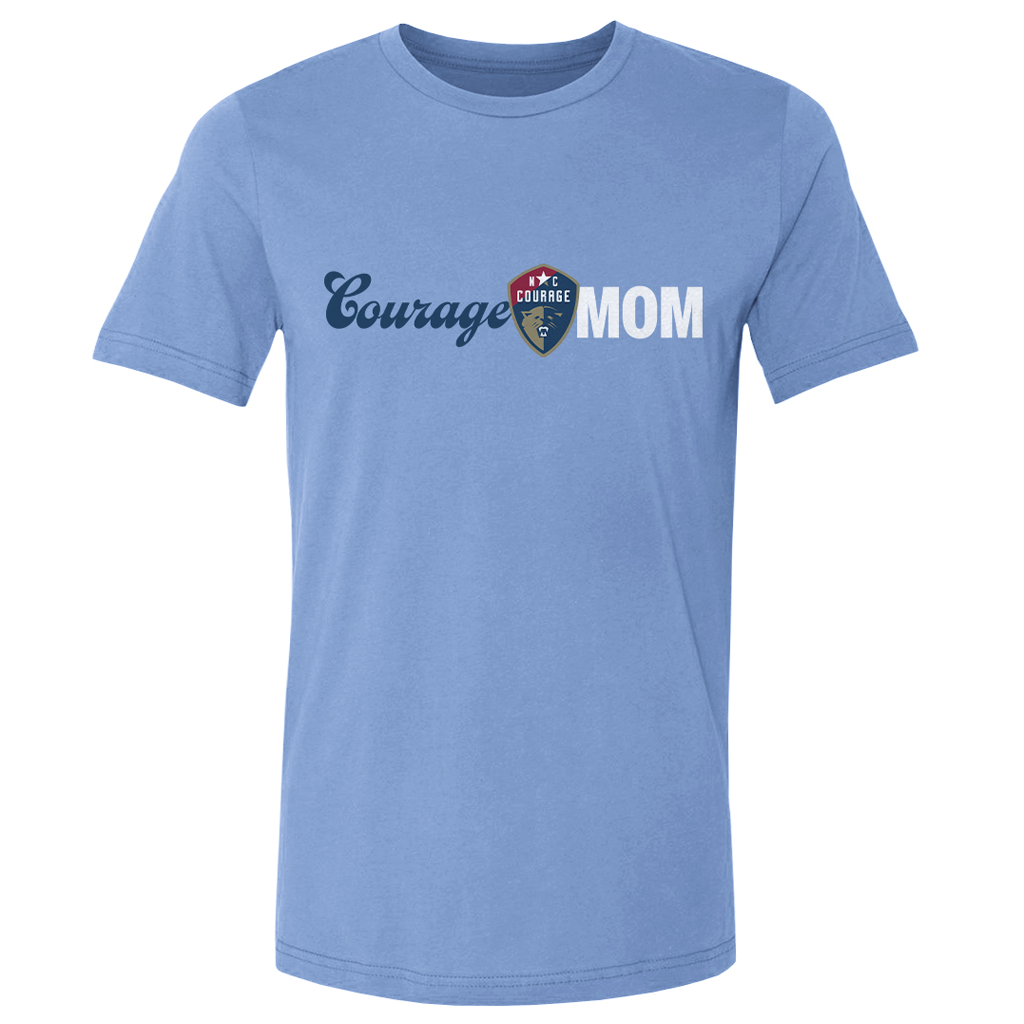 Light blue “Courage Mom” t-shirt featuring the North Carolina Courage crest centered between the words “Courage” and “Mom” across the chest.