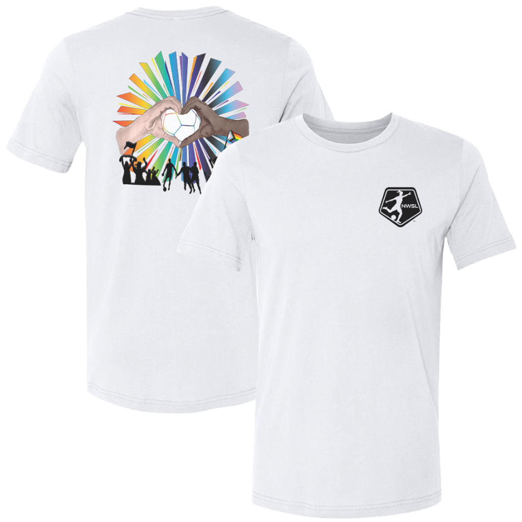 View of front and back of the white 2025 NWSL Pride Tee. Front is black NWSL logo in the top right corner. Back is hands forming a heart with a rainbow of rectangles surrounding an d black silhouettes of people below.