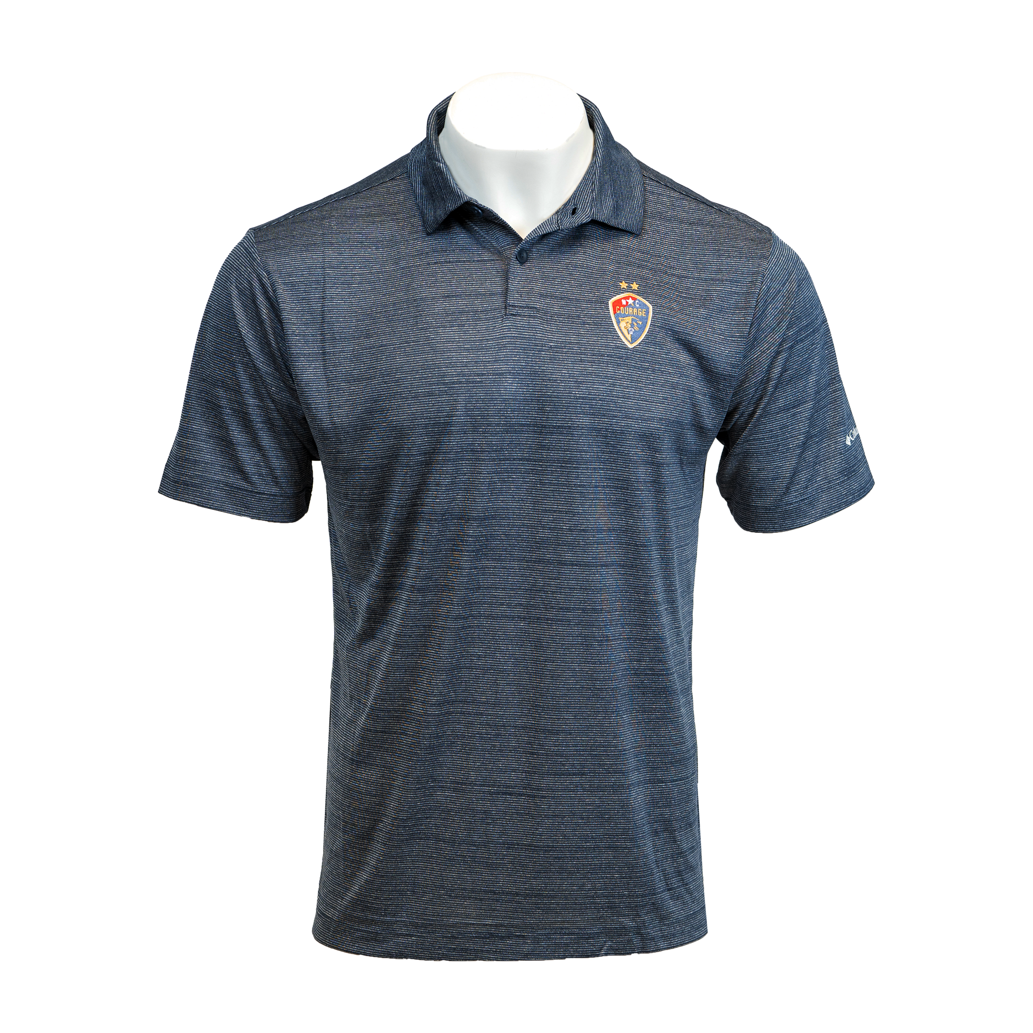 A navy blue striped polo shirt with a logo on the chest.