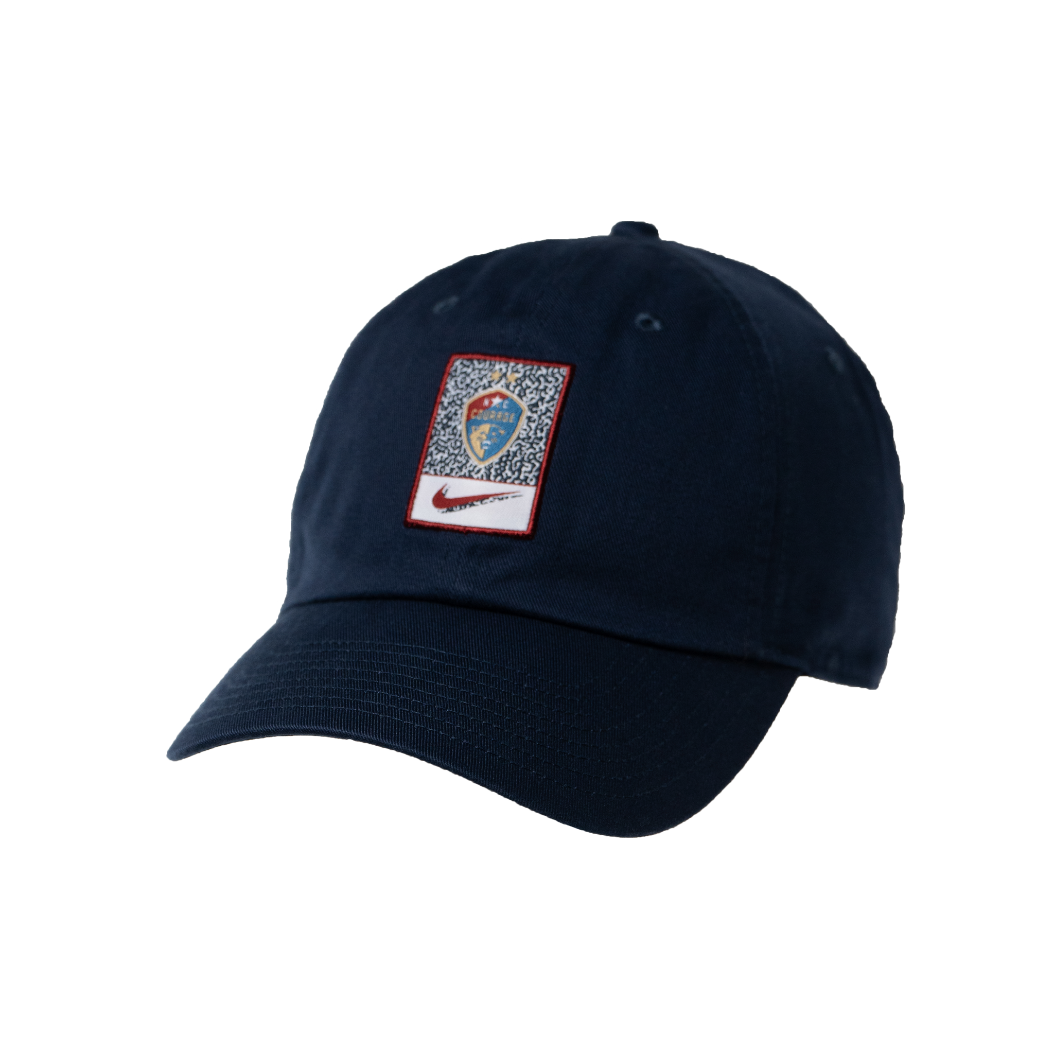 A navy blue structured cap with a woven label graphic on the center front featuring a pattern and the Nike logo.
