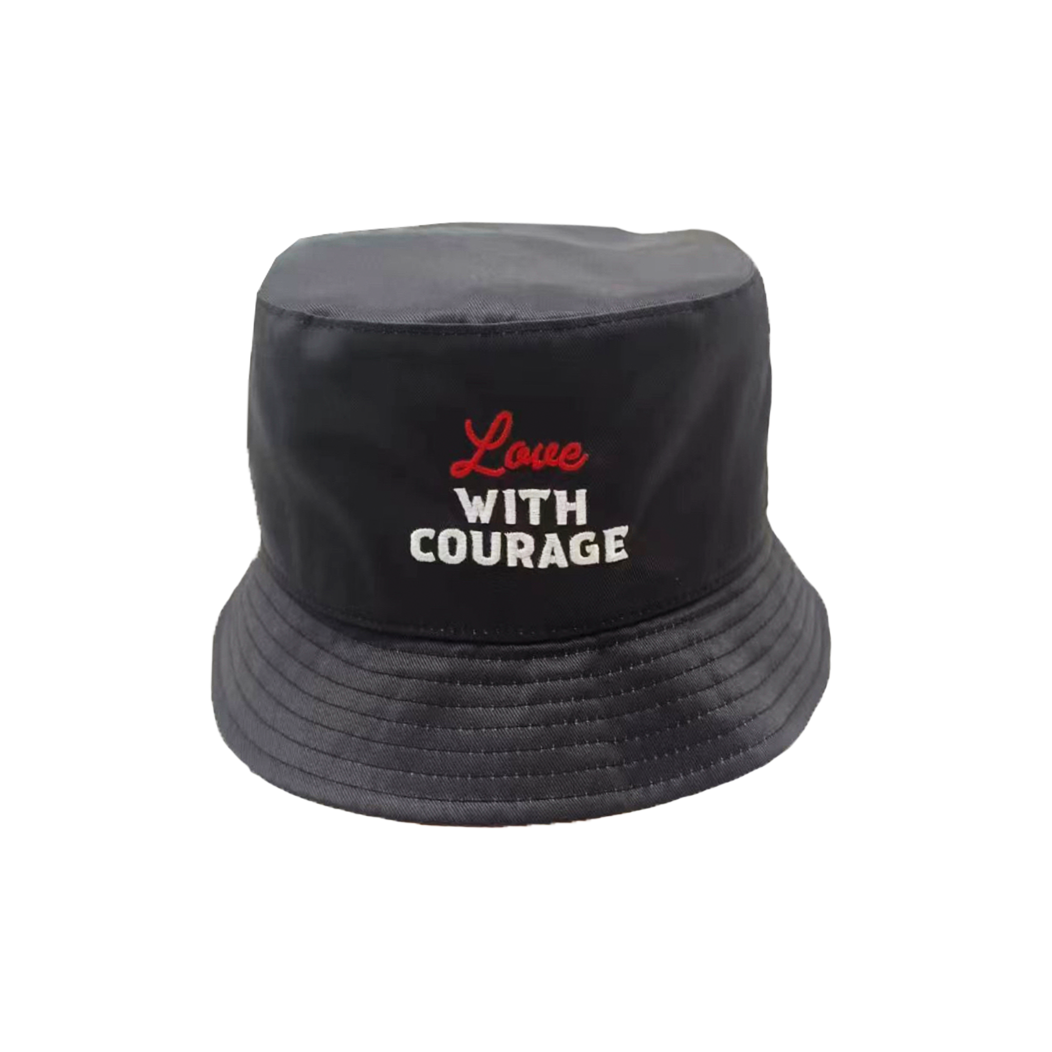A black bucket hat with the words "Love with Courage" embroidered on the back in red and white thread.