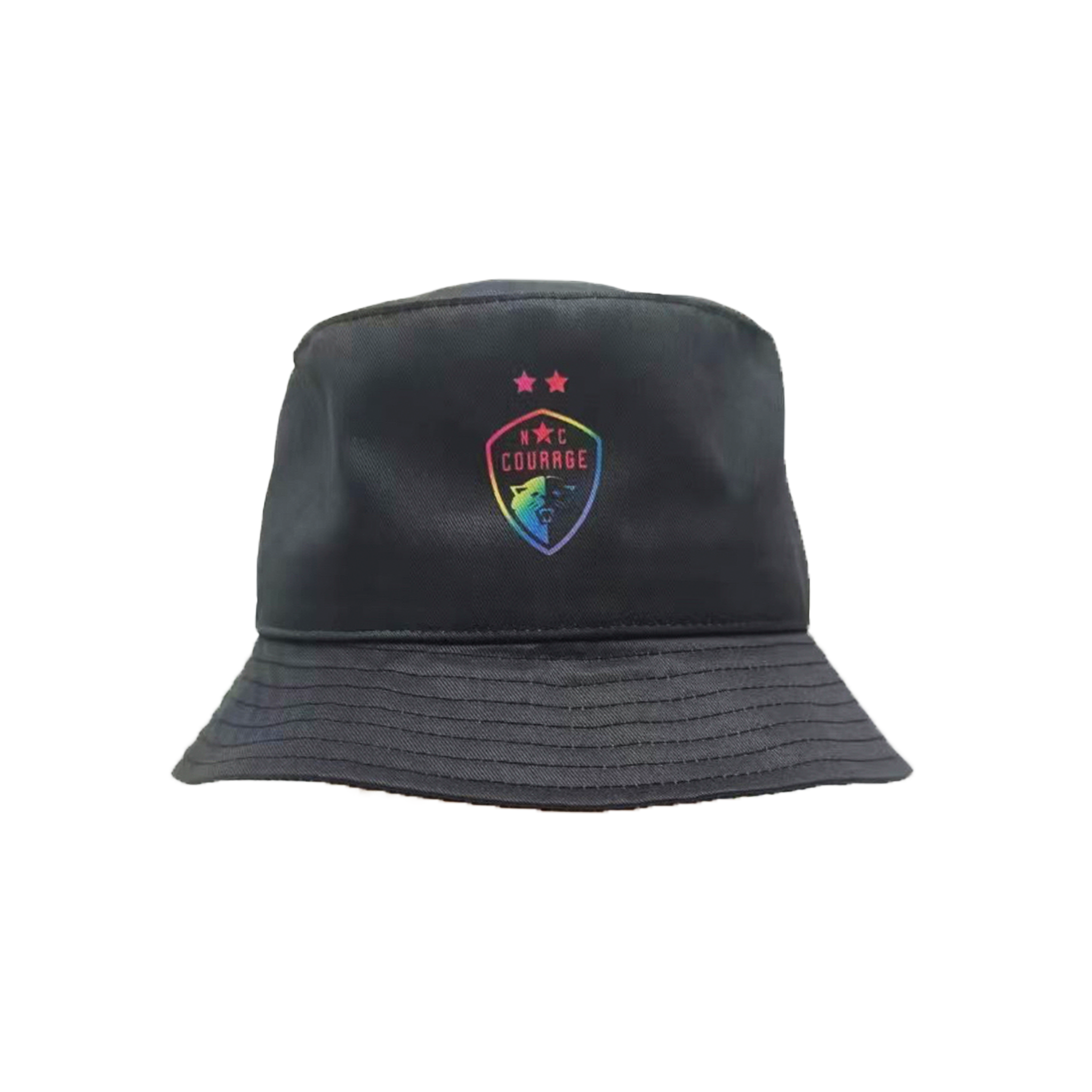 A black bucket hat with the 'NC Courage' crest and rainbow colors at the center, with stars above the emblem.