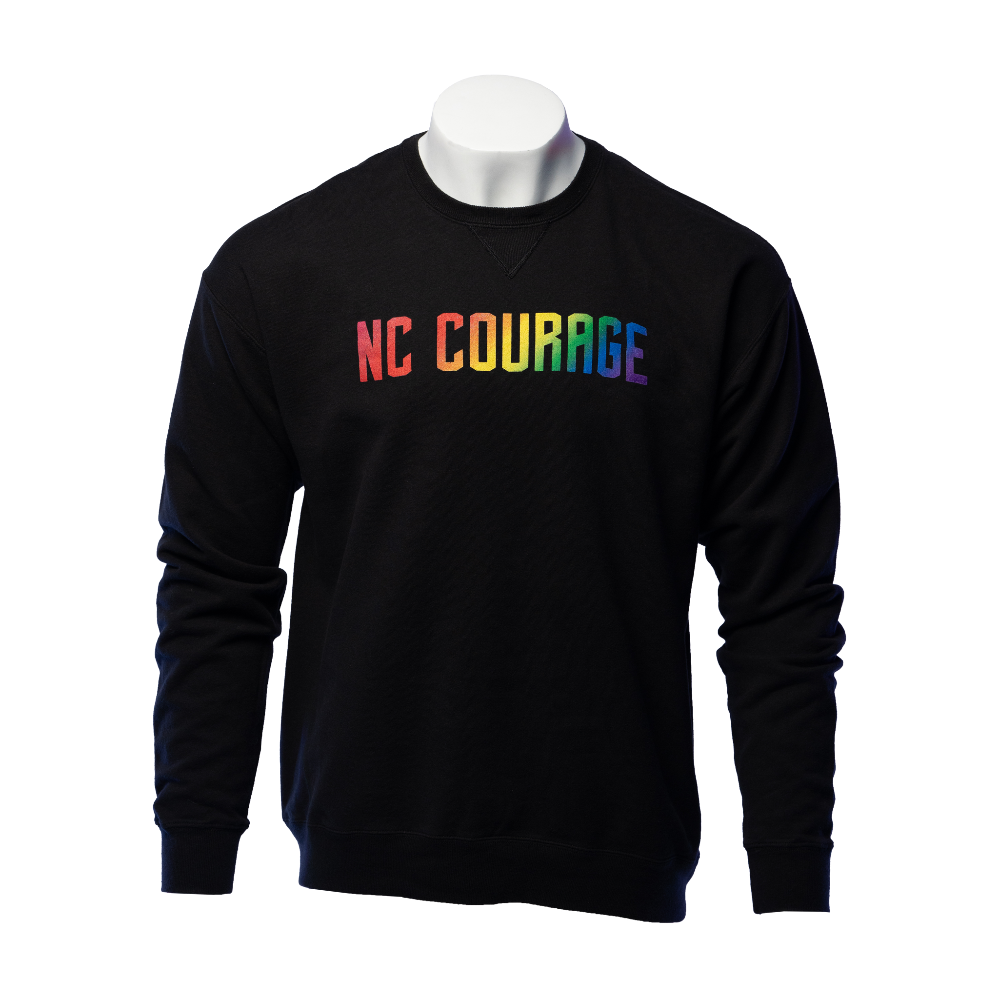 A black crewneck sweatshirt with the words 'NC COURAGE' written across the chest in rainbow letters.