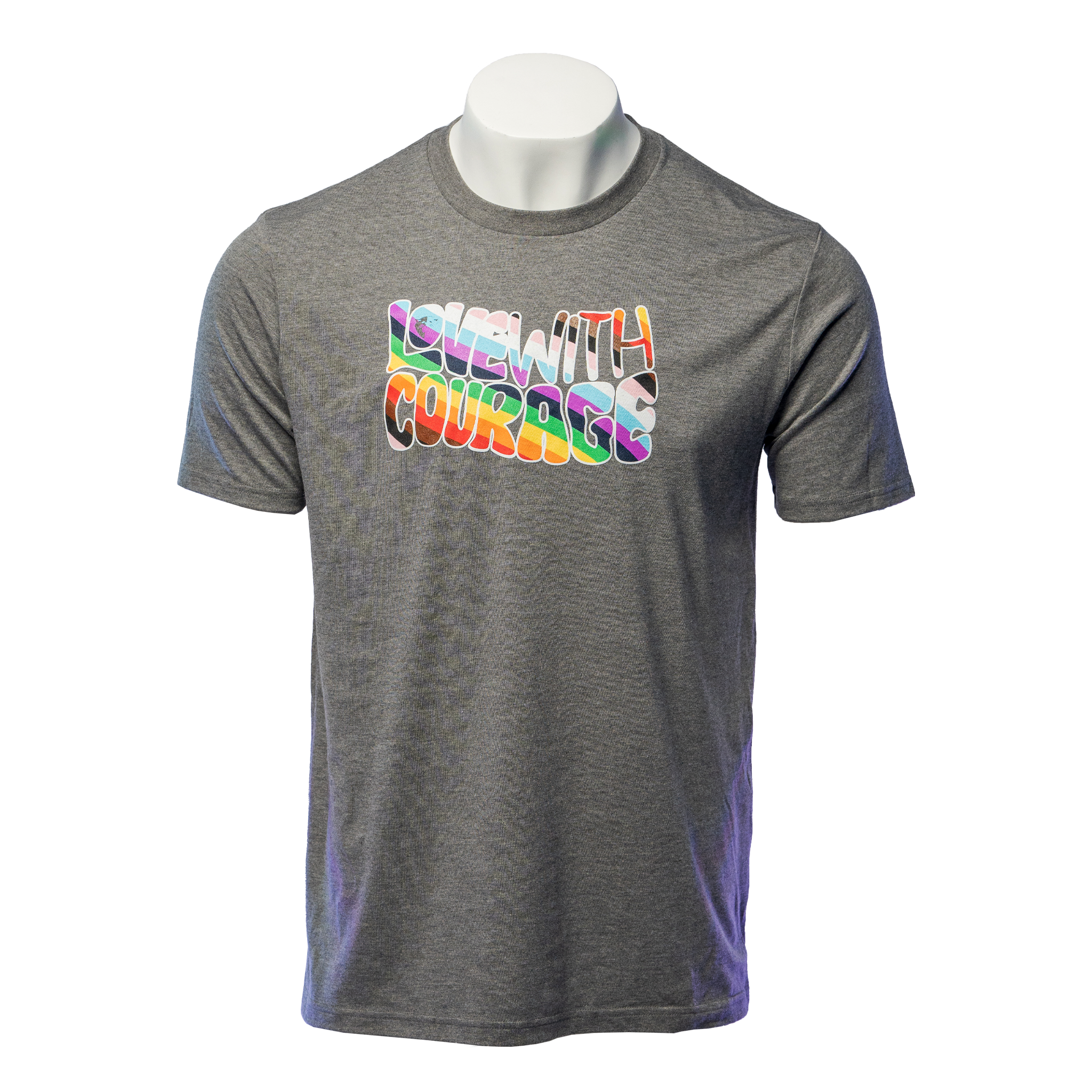 A gray t-shirt with 'Love with Courage' text in the colors of the Progressive Pride flag on the front