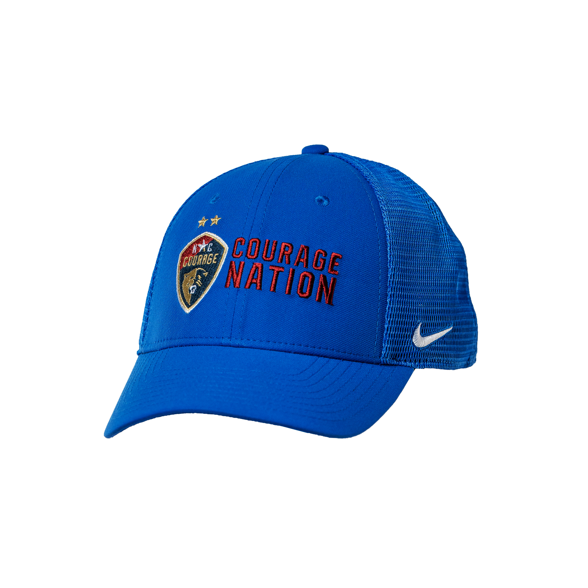 A blue NC Courage Royal Mesh Swoosh Flex Hat with 3D embroidery and the Nike logo on the side.