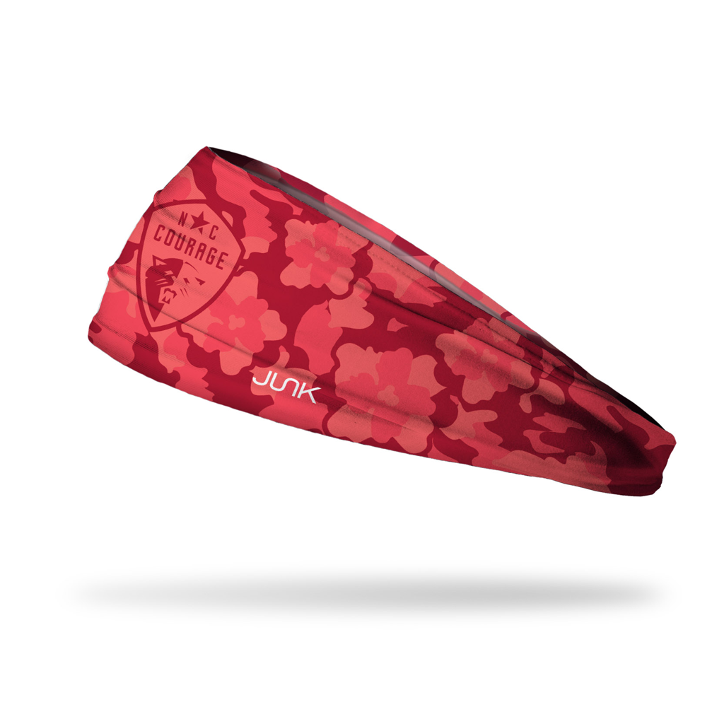 A red and pink floral design running headband featuring the 'JUNK' brand logo and a 'NC Courage' shield