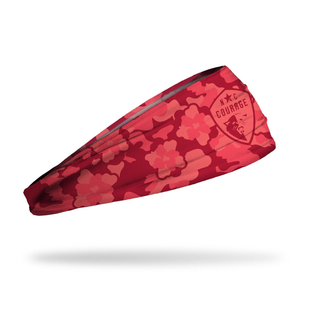 A red and pink floral design running headband featuring the 'JUNK' brand logo and a 'NC Courage' shield