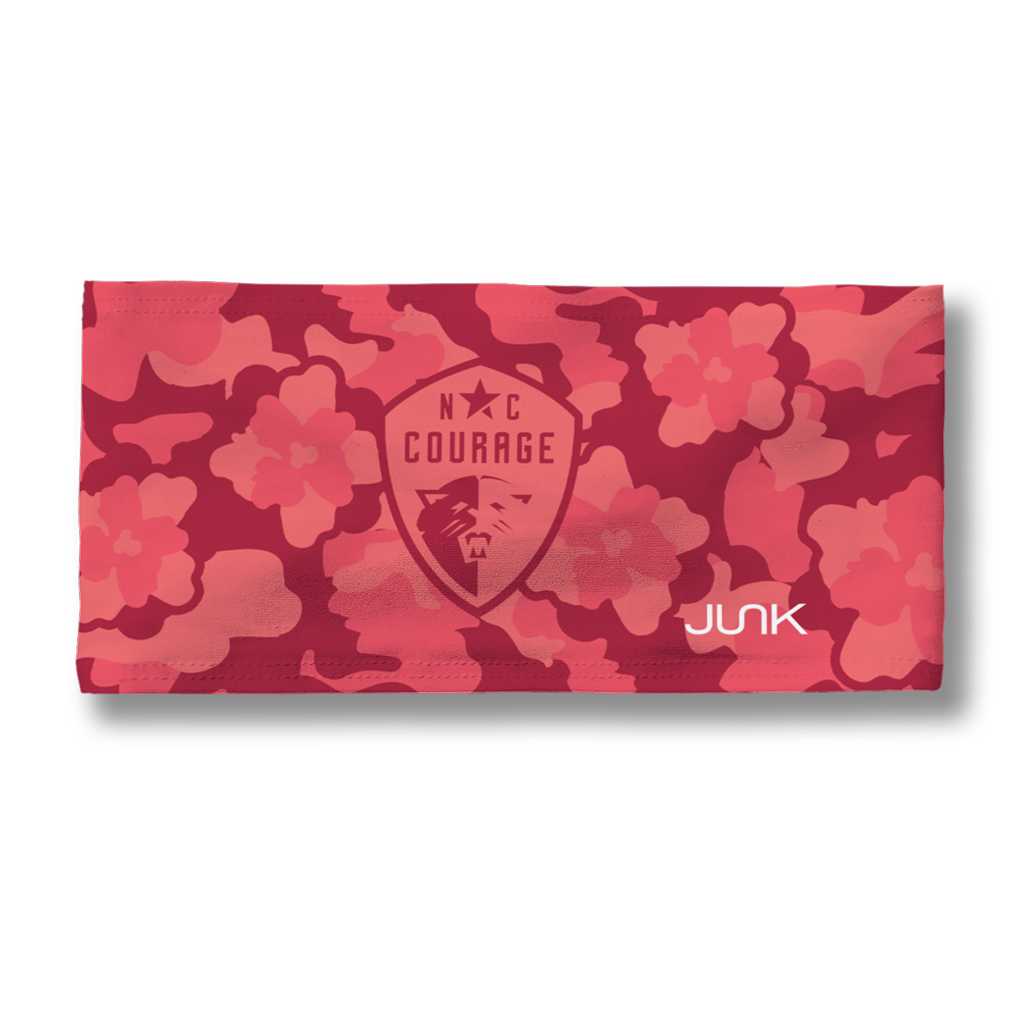 Front view of a red and pink floral design running headband featuring the 'JUNK' brand logo and a 'NC Courage' shield