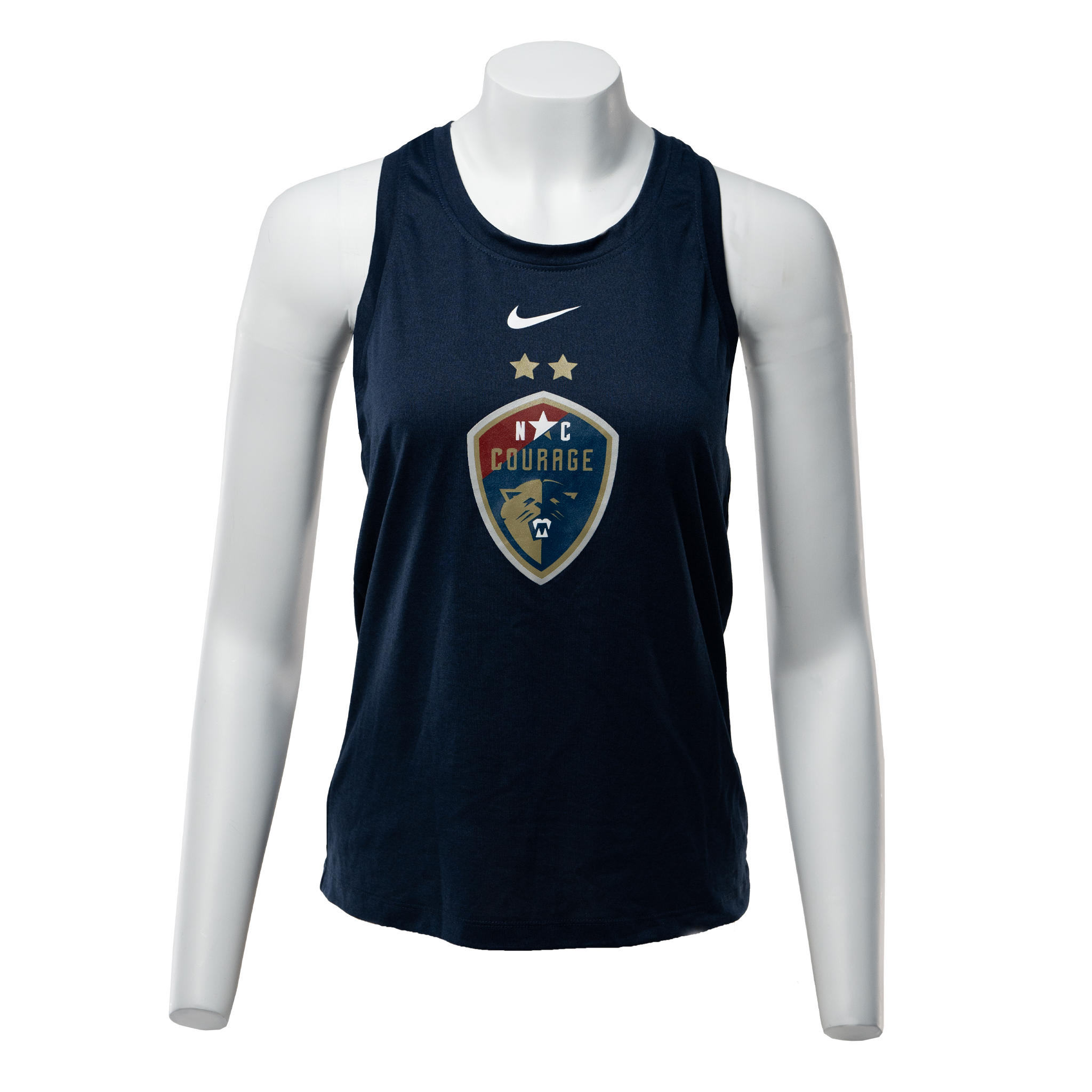 A women's navy nike tank with the Courage logo on the front along with a white nike swoosh.