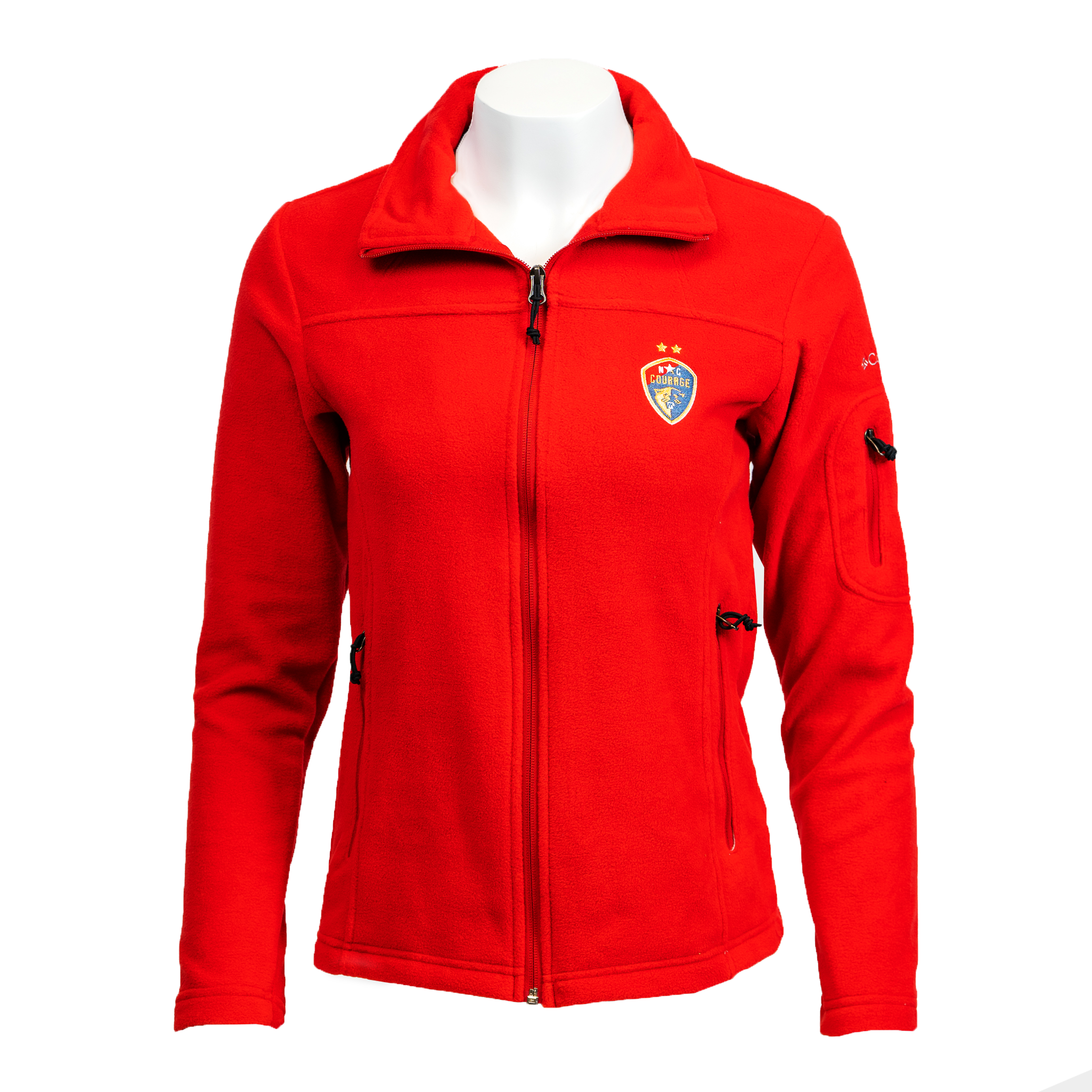 A red fleece full zip jacket with a logo on the left chest area, displayed on a mannequin.