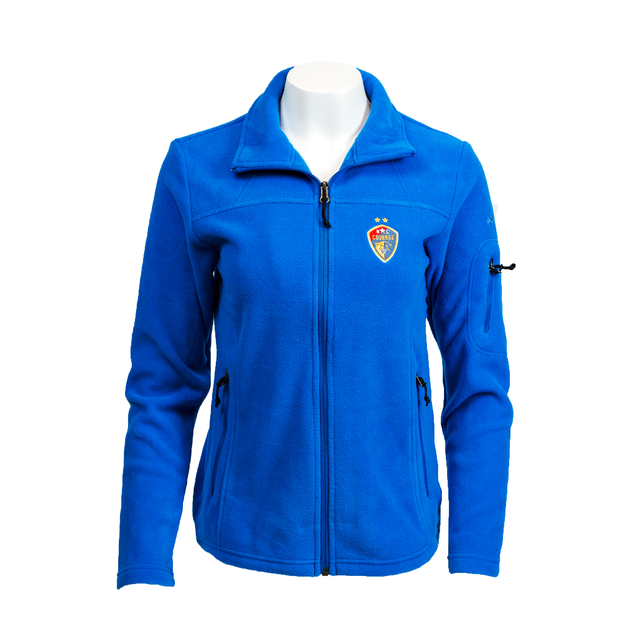 A blue fleece full zip jacket with a logo on the left chest area, displayed on a mannequin.