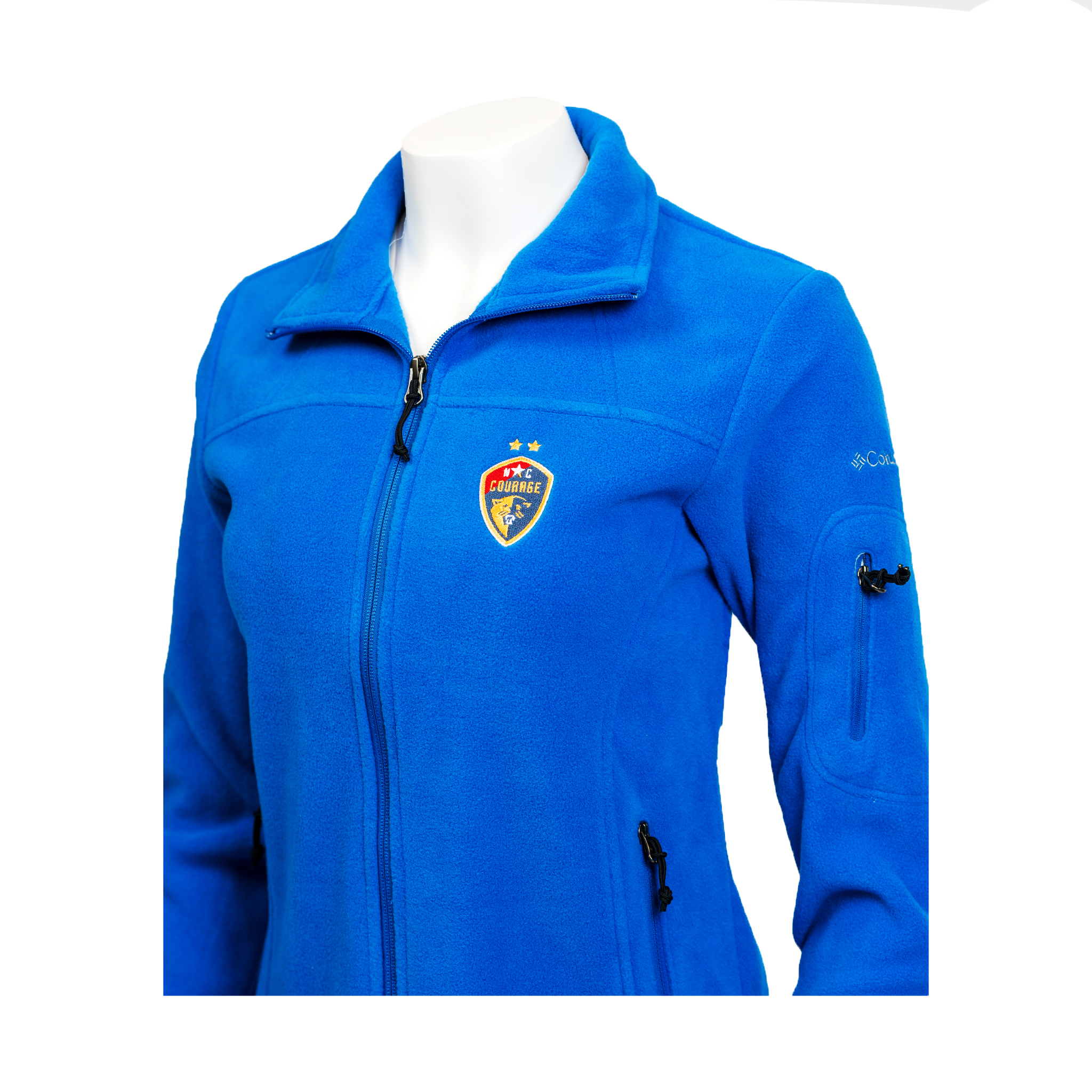 A close up of a blue fleece full zip jacket with a logo on the left chest area, displayed on a mannequin.