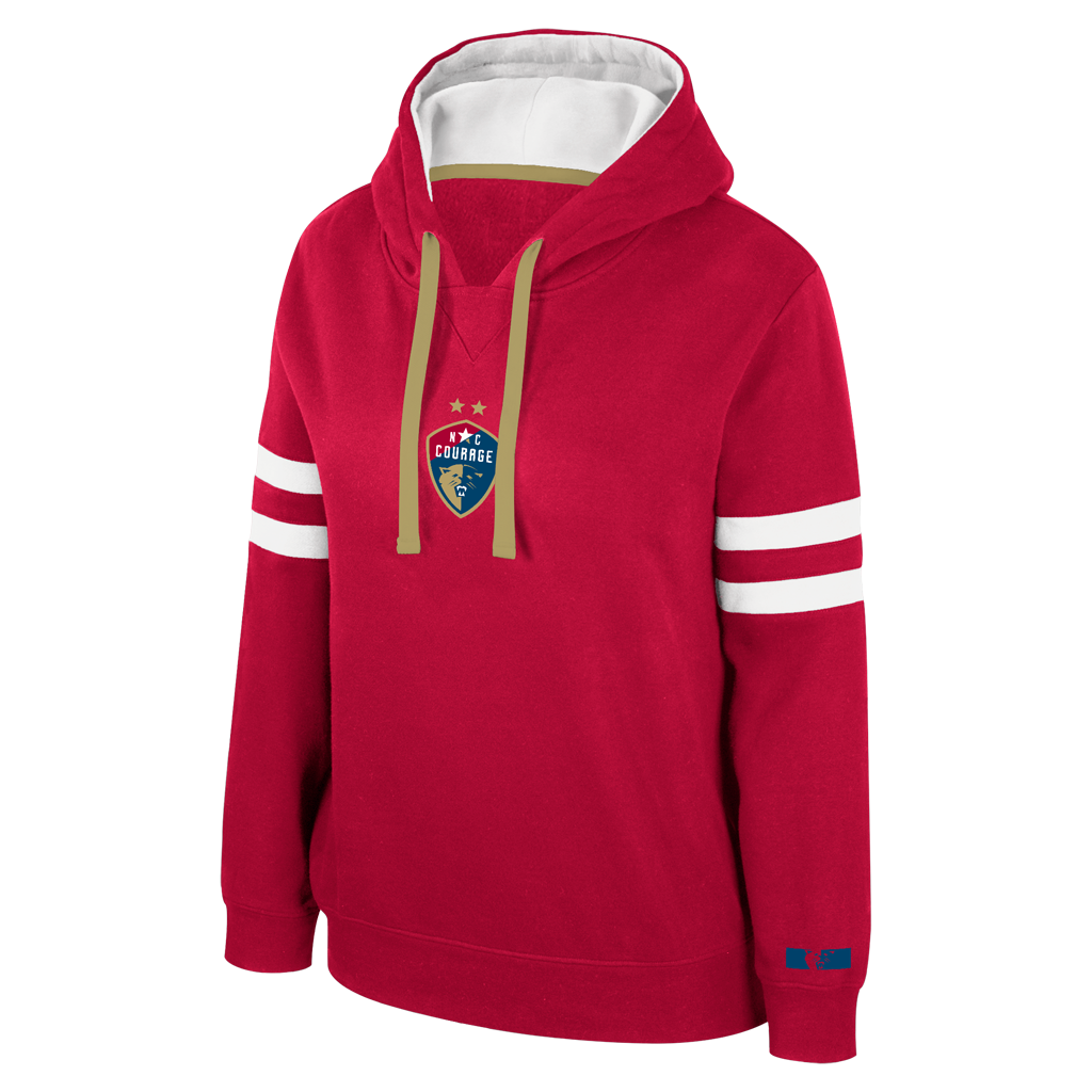 A red hoodie with white stripes on the sleeves, featuring the NC Courage logo on the front.
