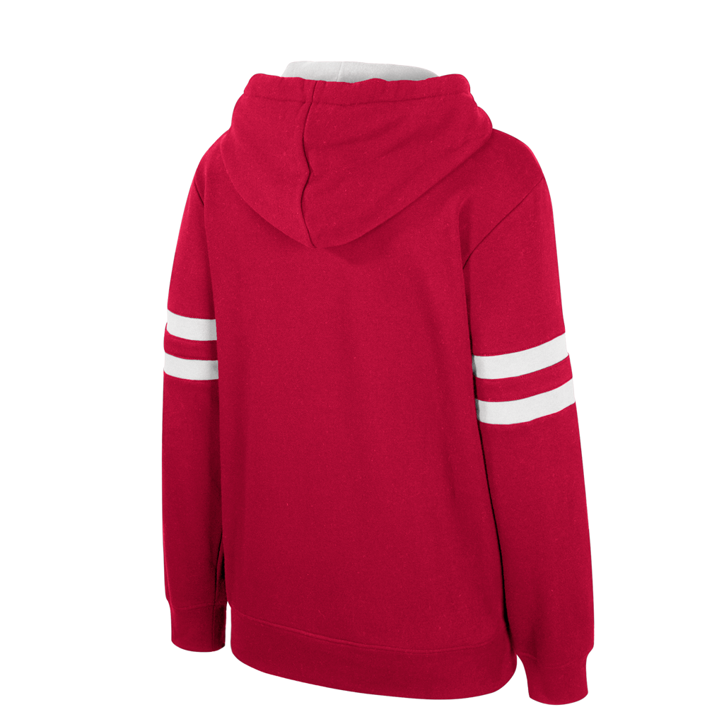 Red back of hoodie with white stripe detailing on the side.