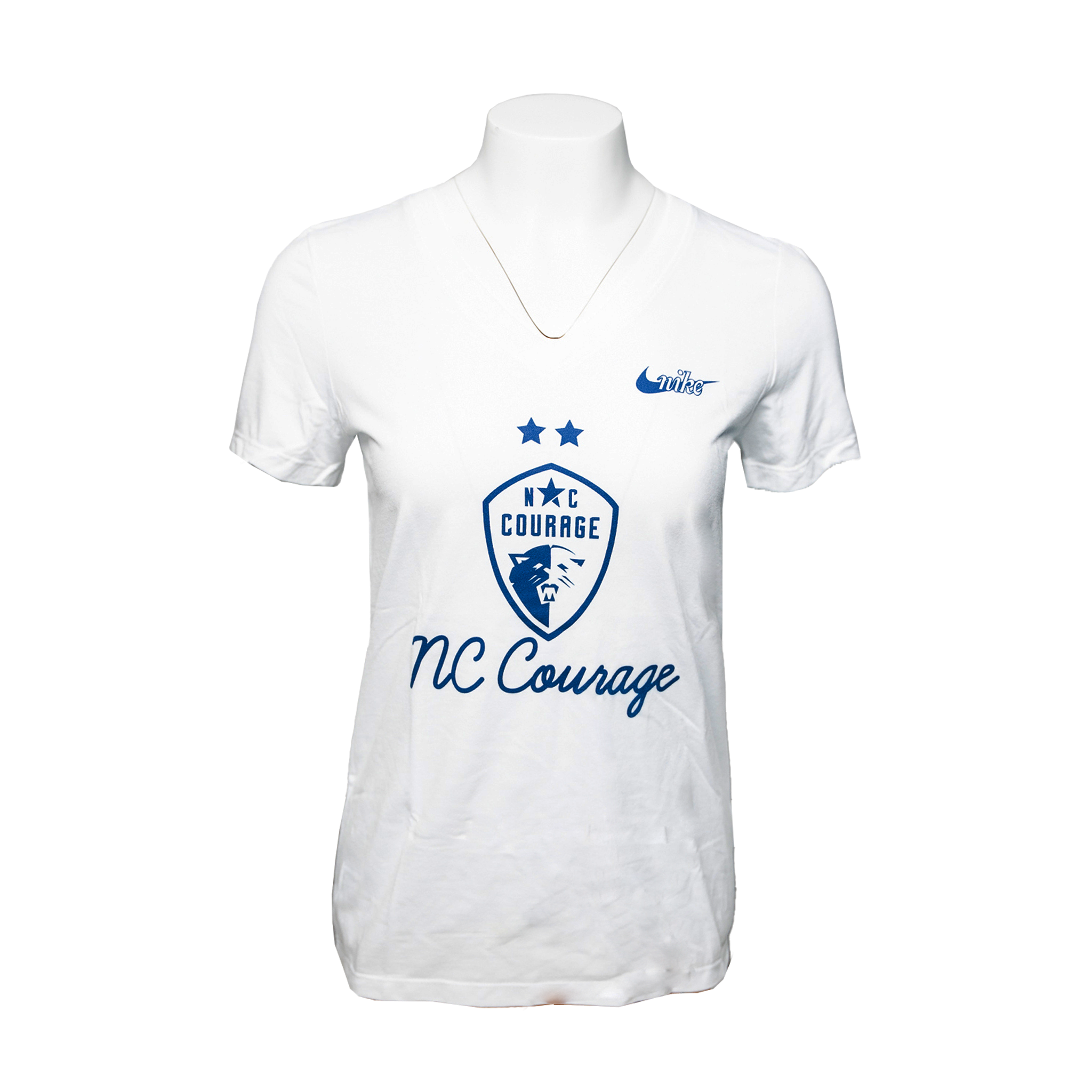 A white Nike V-neck t-shirt with the NC Courage logo and Nike swoosh in navy blue.