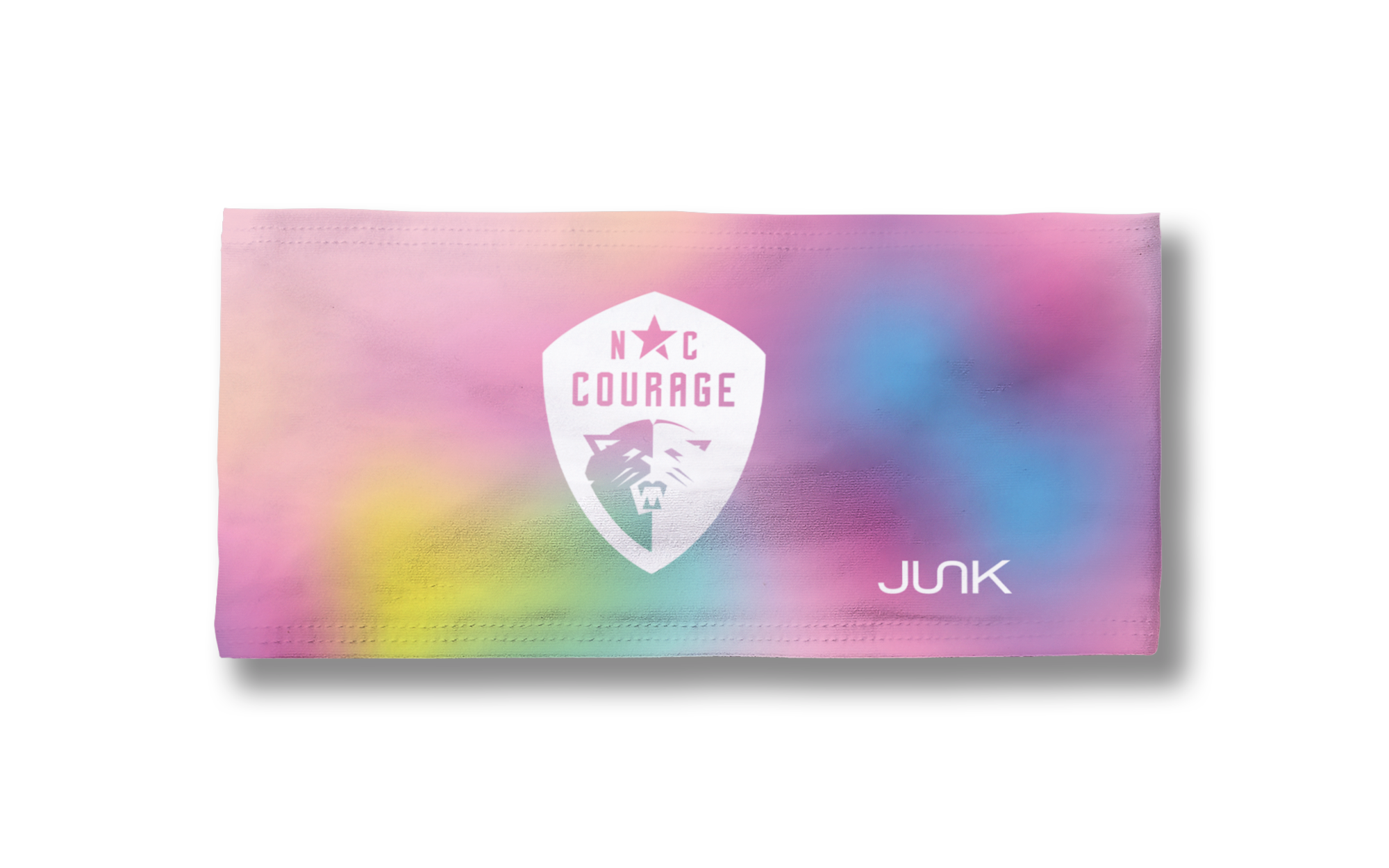 Rainbow tie-dye headband with white Courage logo in the center flattened