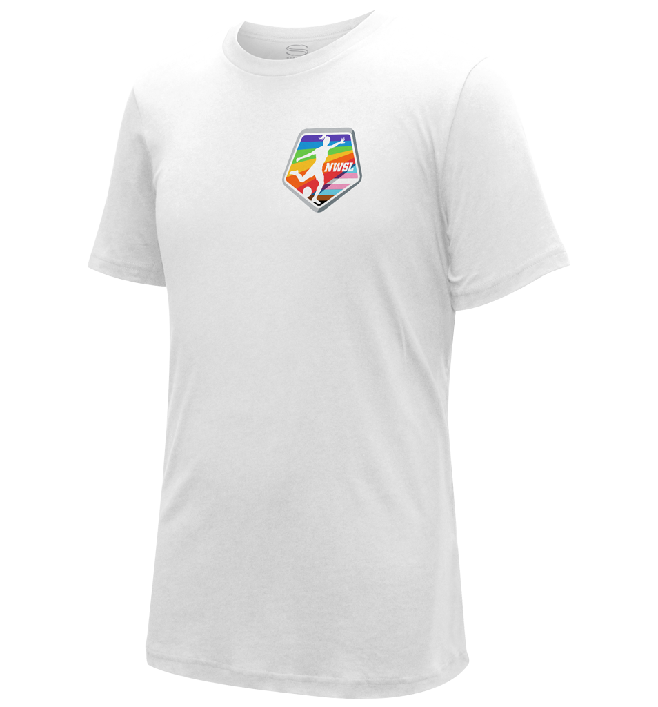 White Tee with the NWSL Pride logo on the right-side of the chest