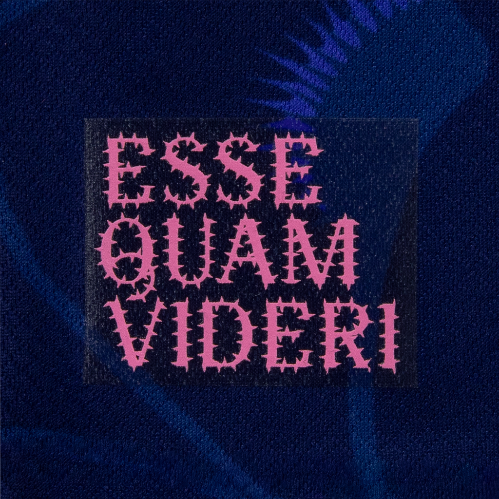 Close up Text 'ESSE QUAM VIDERI' embroidered on a dark fabric background