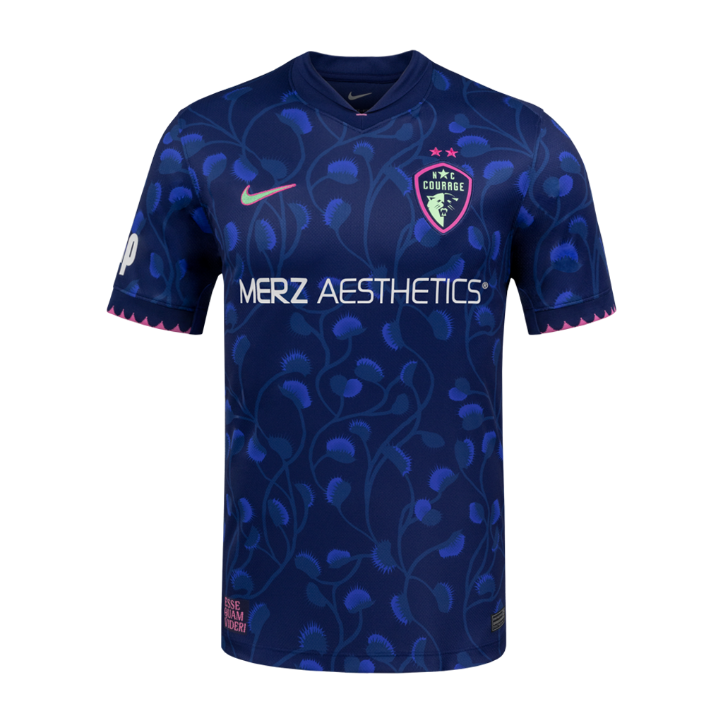 Blue sports jersey with branding on a white background