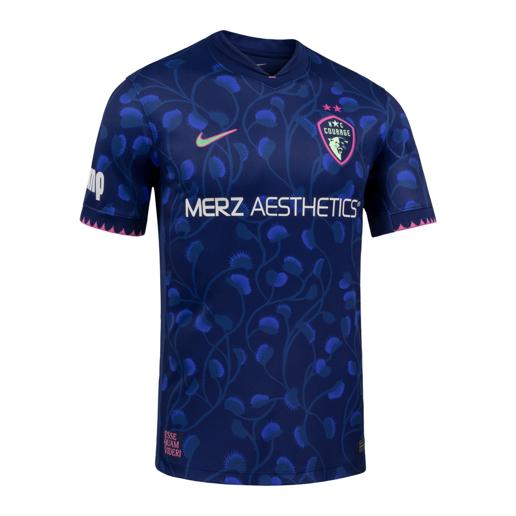 Blue sports jersey with brand logos on a white background