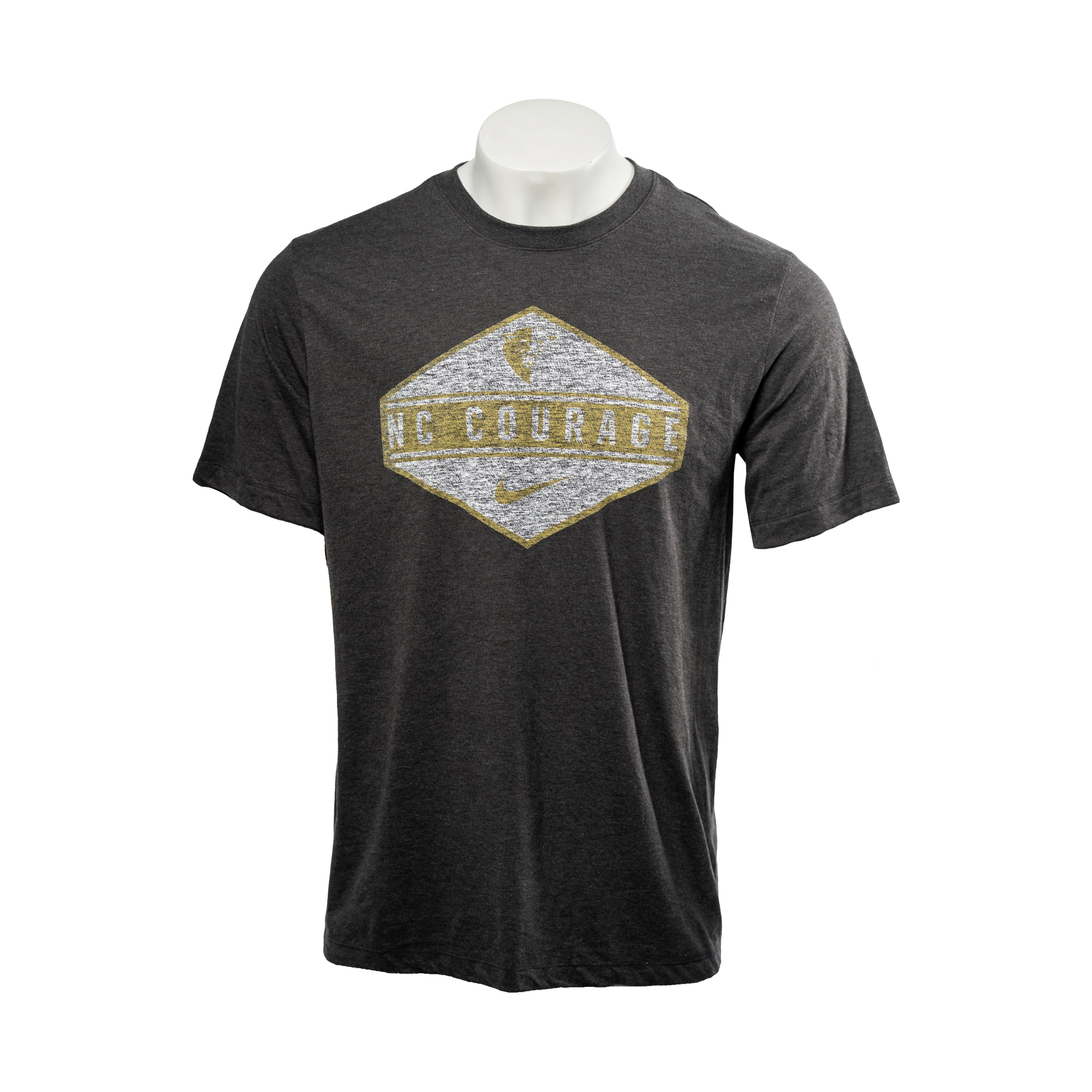 A black heathered t-shirt with a large diamond-shaped graphic on the front featuring the NC Courage logo, name, and Nike swoosh in gold, white, and grey colors.