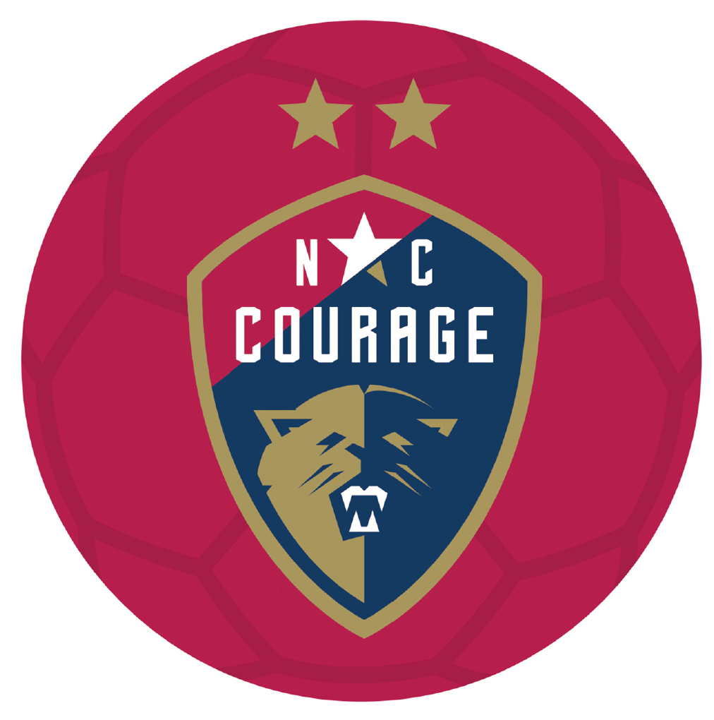A red soccer ball with the NC Courage logo in the center