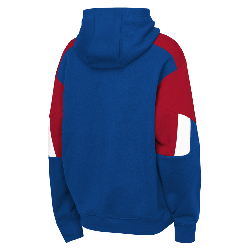 Blue and red hoodie with a white pocket on a white background