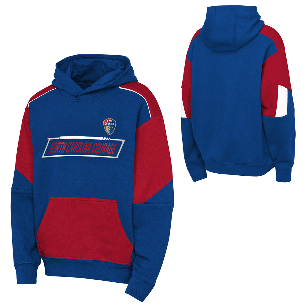 Blue and red hoodie with a logo and text on a white background