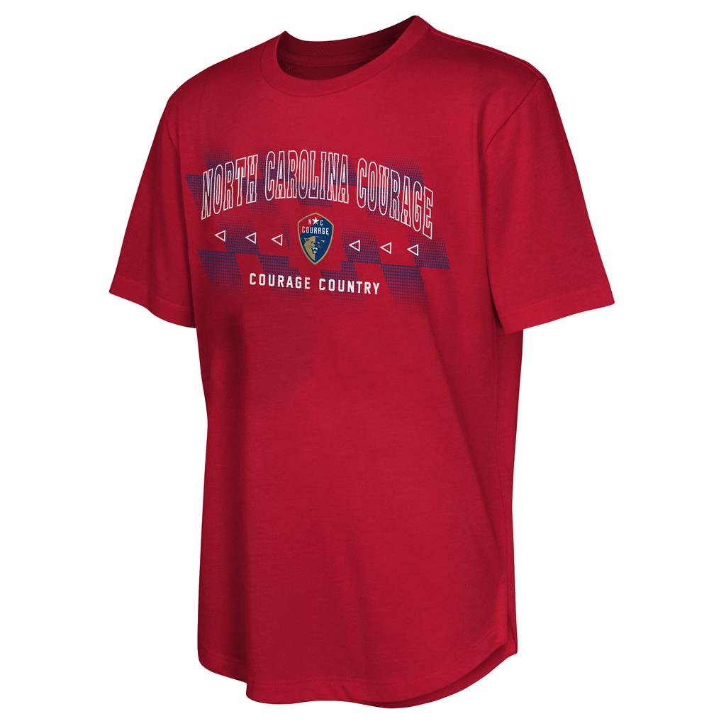 Red t-shirt with 'North Carolina Courage' text on a white background