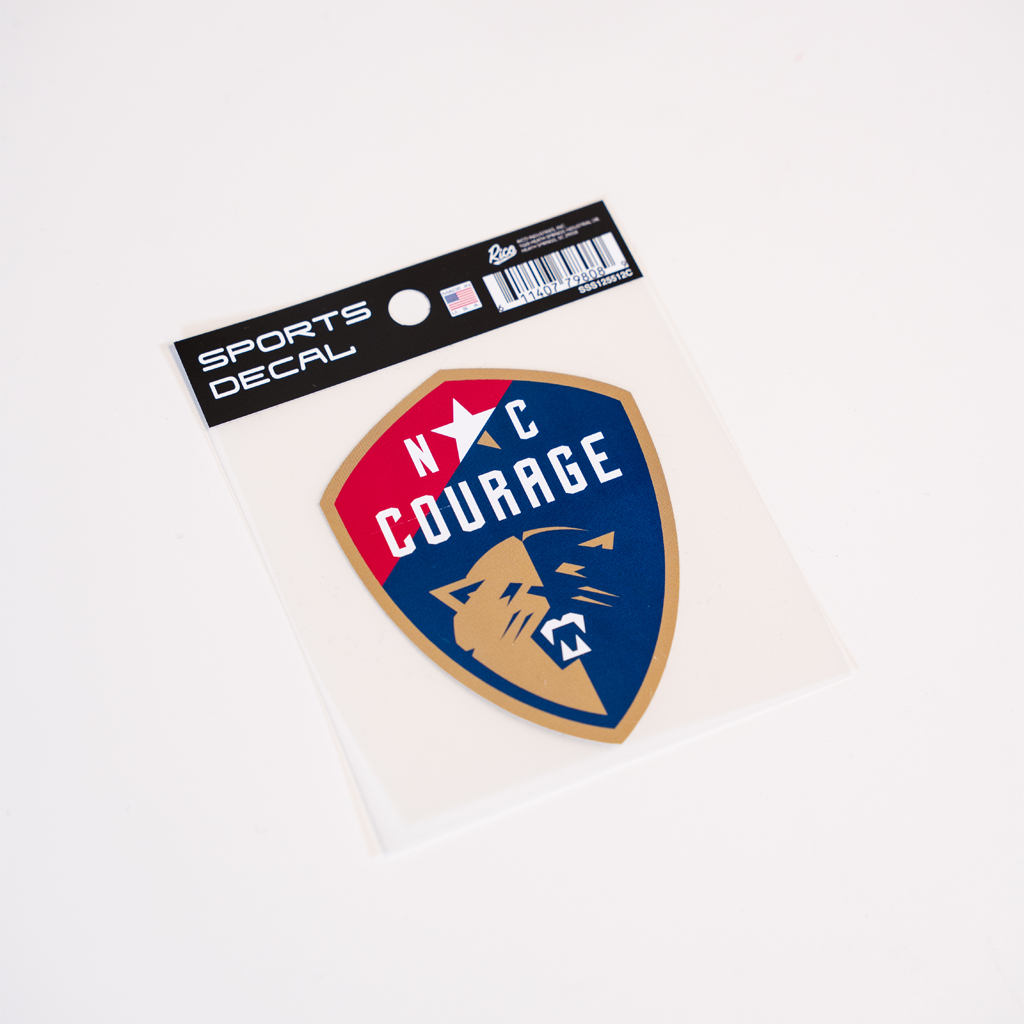 A decal featuring the NC Courage logo, predominantly red and blue, on a white background with a sports decal label.