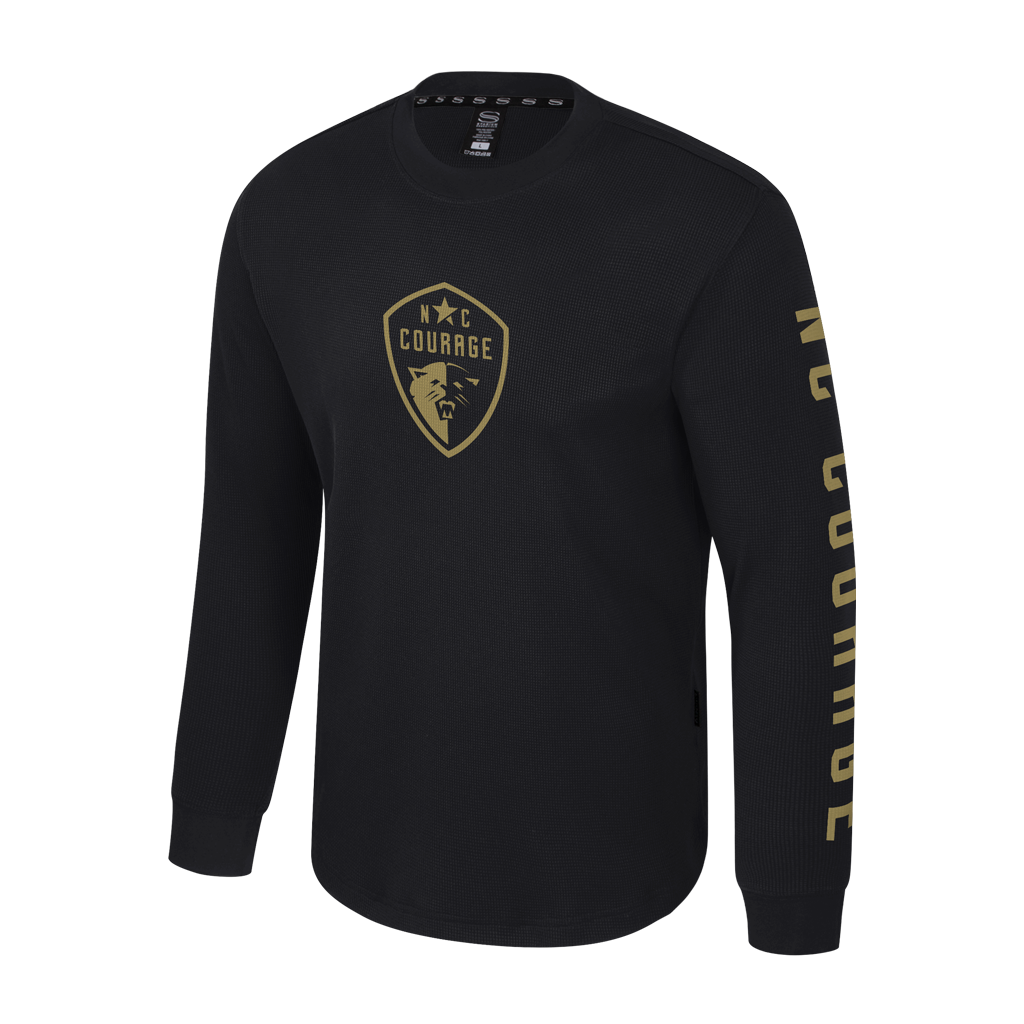 Black long-sleeve shirt with gold logo and text on a white background