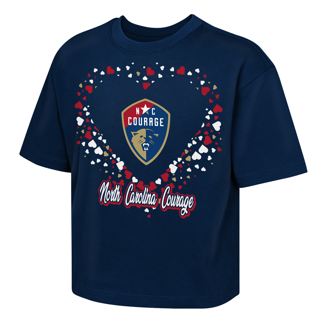 Navy blue t-shirt with 'North Carolina Courage' logo and text on a white background