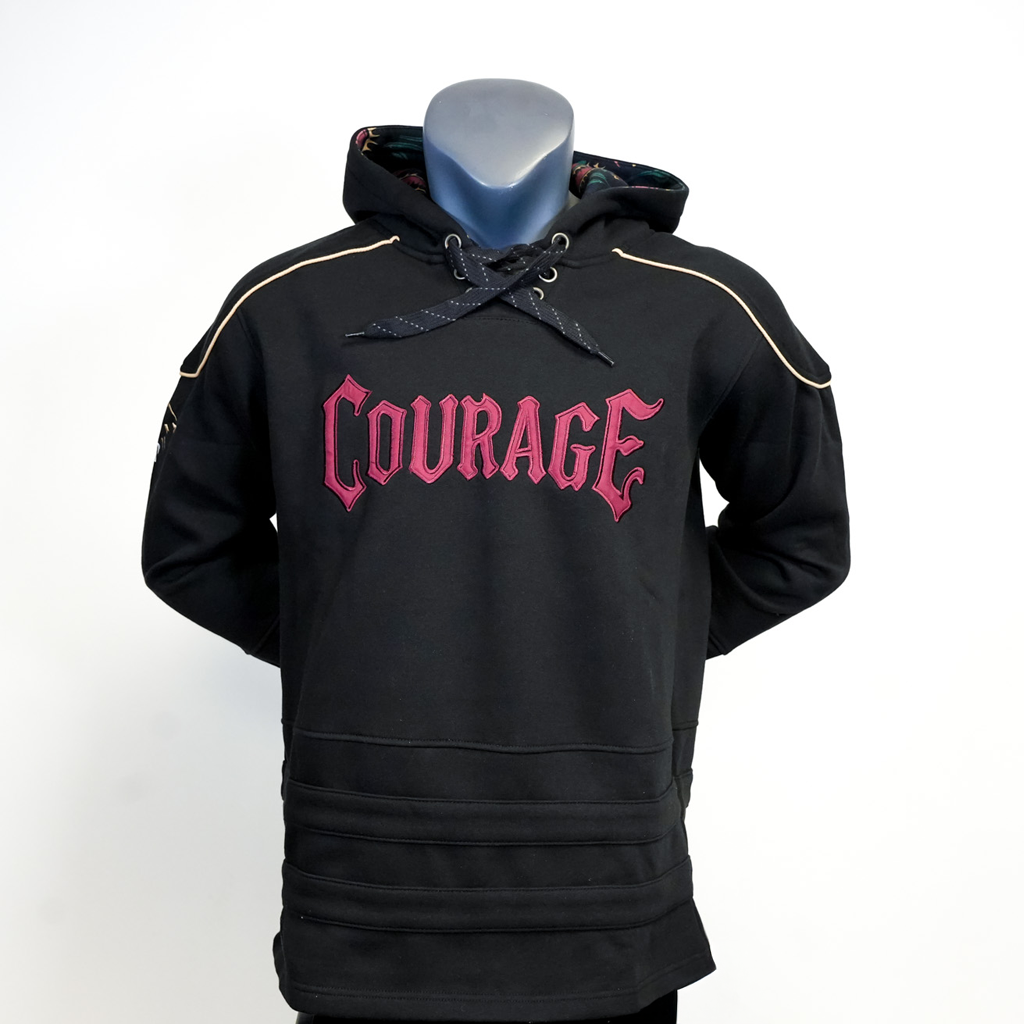Black hoodie with 'Courage' text on a mannequin against a white background