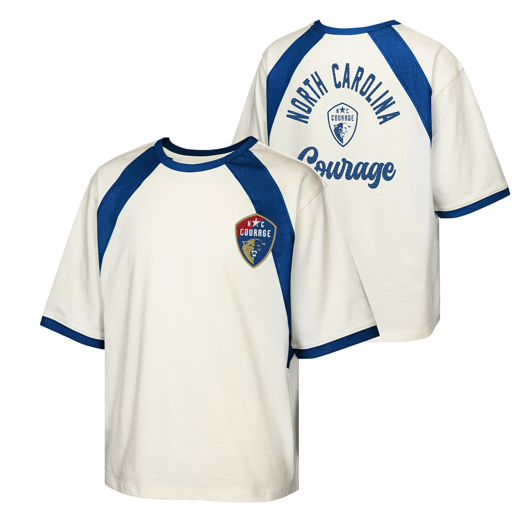 White and blue sports jersey with 'North Carolina Courage' text and logo on a white background